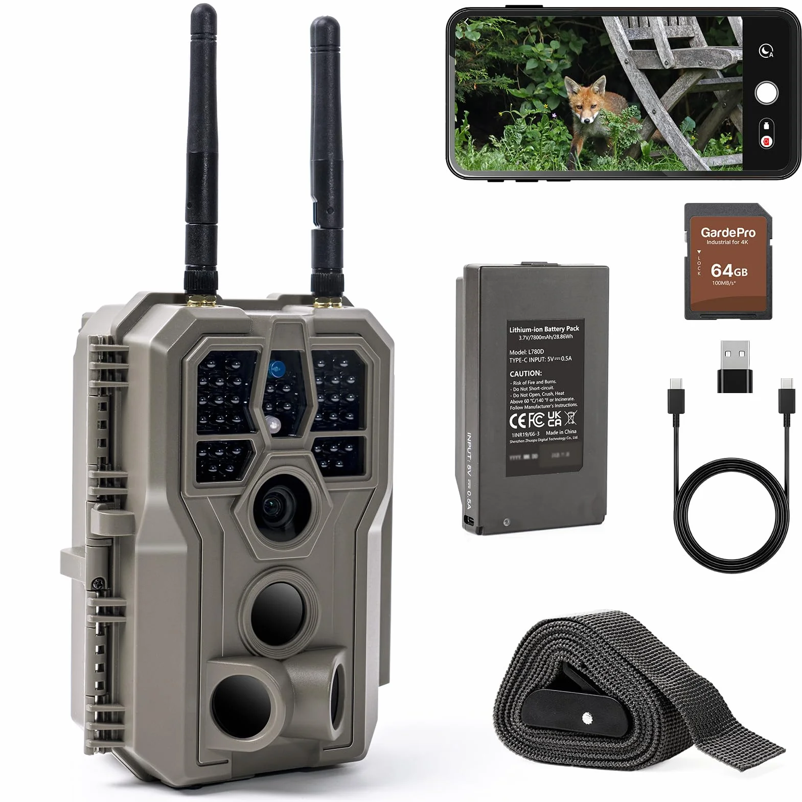 GardePro E8 2.0 Pro Wildkamera Doppelantenne WLAN mit 64GB SD Karte, 64MP H.264 4K Video Wiederaufladbare 7800mAh Akku, Mobilfunkübertragung, 30m Nachtsicht Bewegungsmelder 0,1s Trigge, IP66