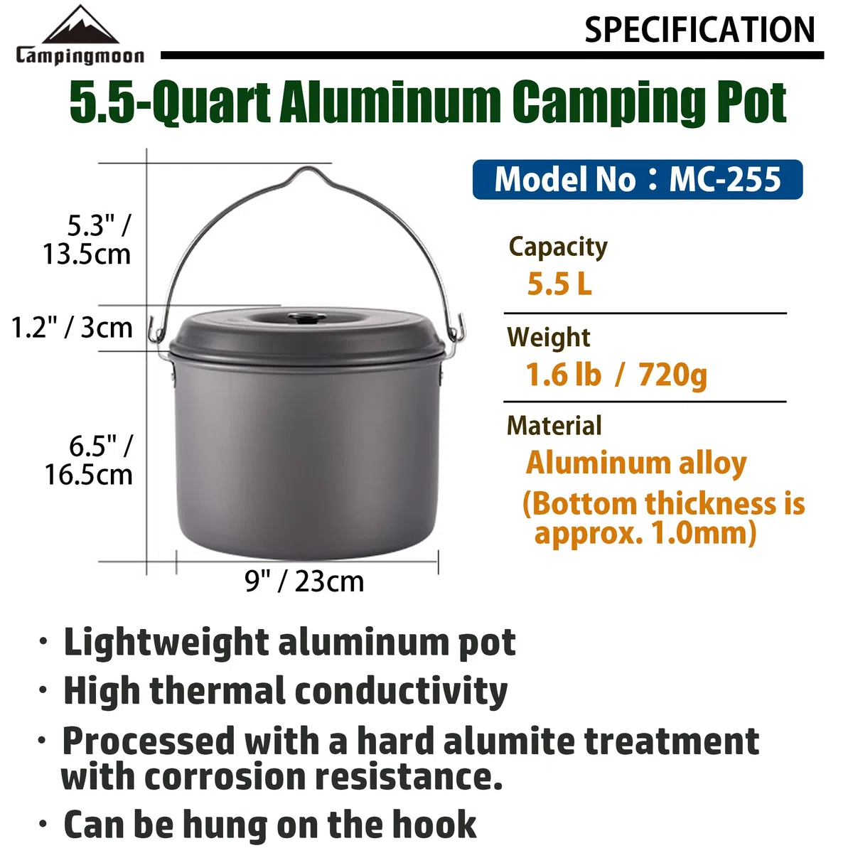 Campingmoon MC-255 Campingtopf aus Aluminium, leicht, 5,5 l