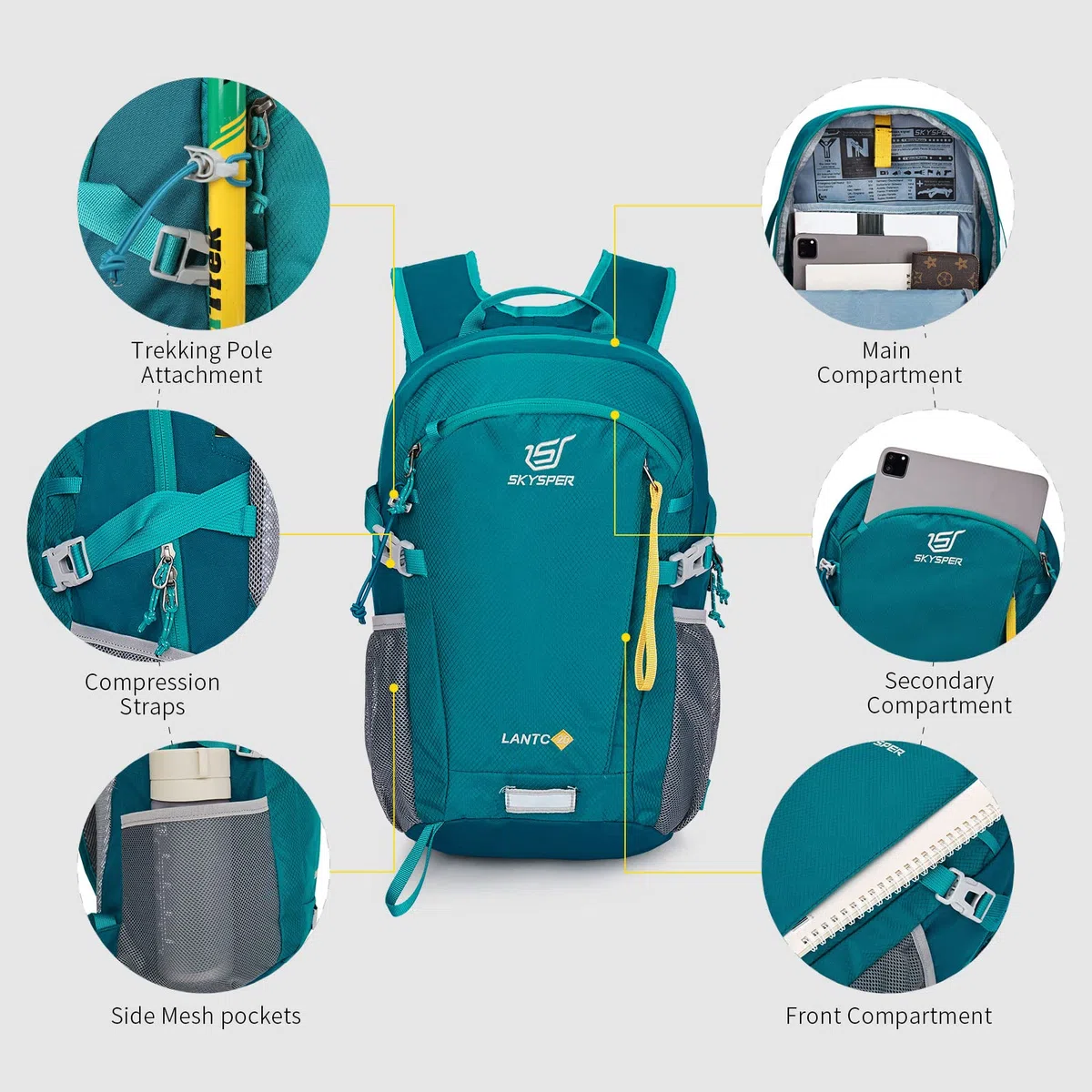 SKYSPER Leicht Wanderrucksack Klein Rucksack mit Rückenbelüftung Trekkingrucksack aus atmungsaktivem 3D Air Mesh Polyester Camping Outdoor Wandern Rucksack