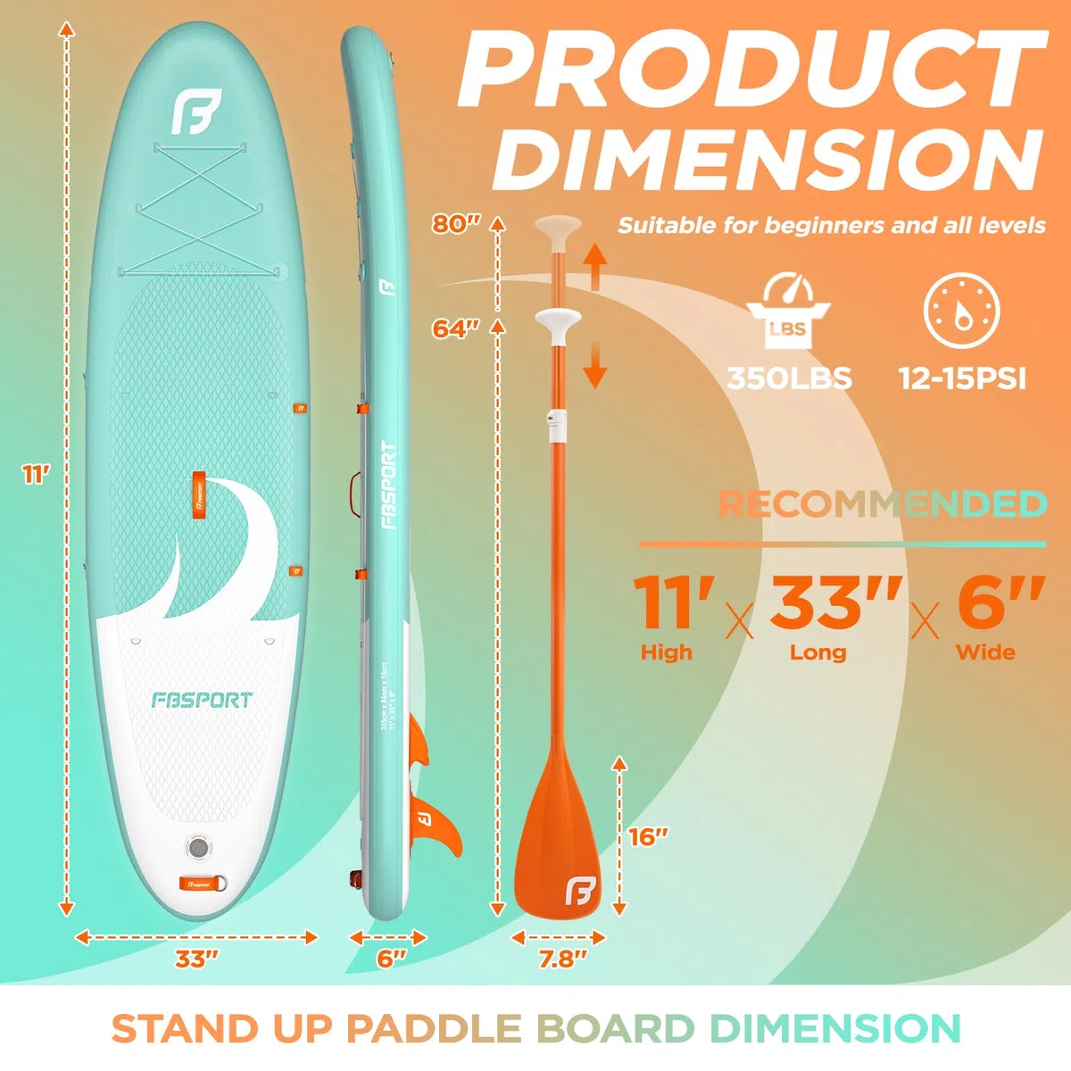 FBSPORT Stand up Paddling Board Surfbrett Surfboard SUP aufblasbar mit Pumpe 335x84x15 cm Tragetasche SUP Zubehör mit rutschfestem Deck, Leine, Paddel, passend für Jugendliche Erwachsene