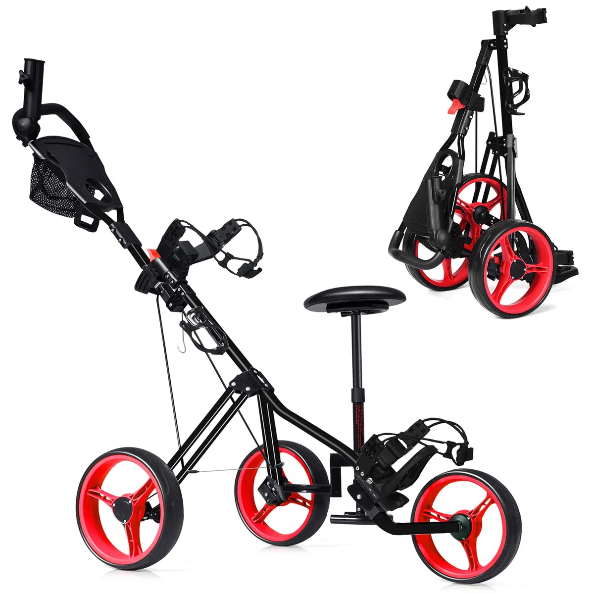COSTWAY Golftrolley, Golf Trolley, Golftrolley 3 Rad Klappbar, Golfwagen Klappbar, Golf Cart, Golf Trolleys | mit verstellbarem Sitz & Griff & Halter für Schirm und Flasche