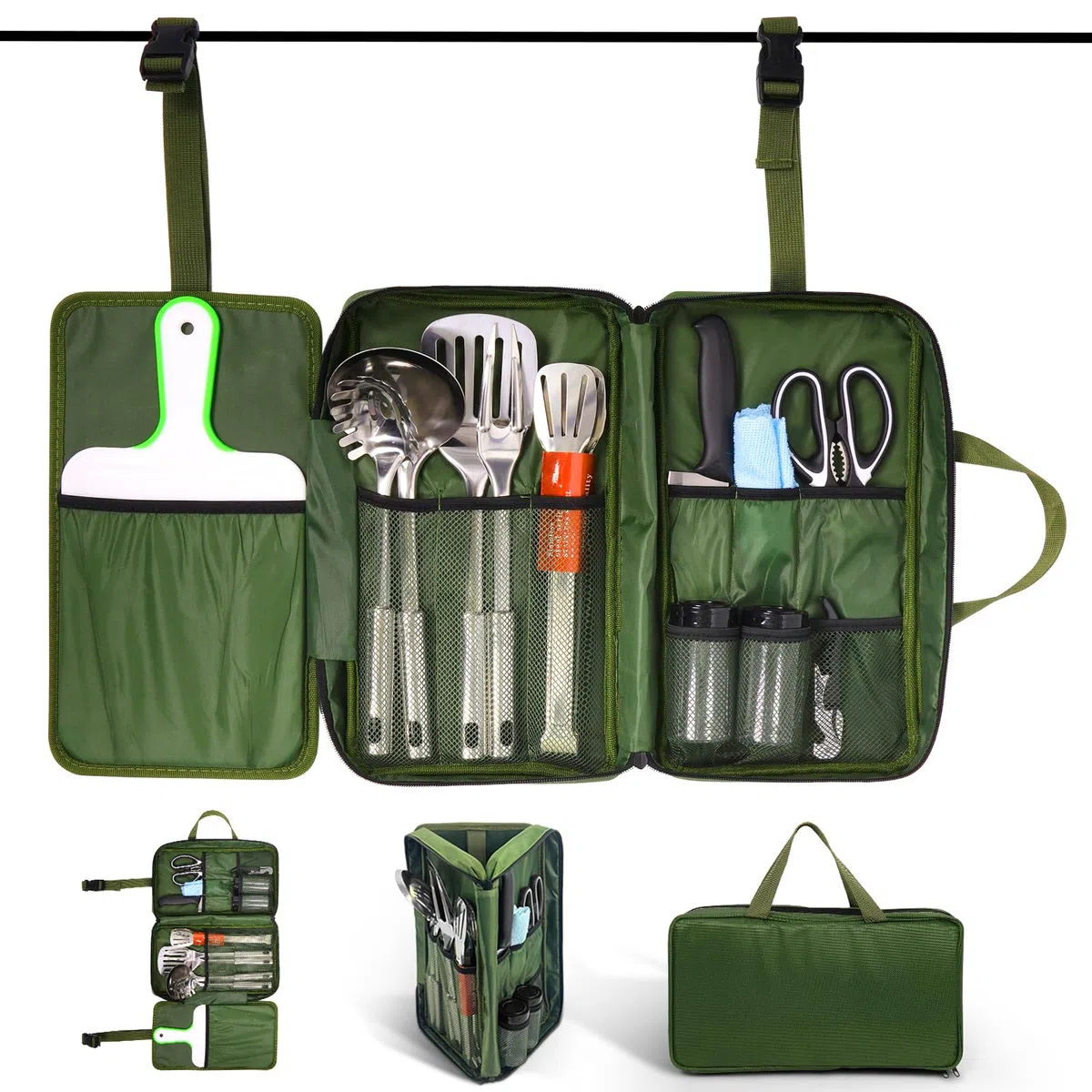 E EASTSTORM Camping Küchenhelfer Set mit wasserdichte Tasche,Camping Geschirr,Klein und Tragbar,Geeignet für Outdoor,Bergsteigen,Wandern,Camping Set für Rucksäcke, Dunkelgrün
