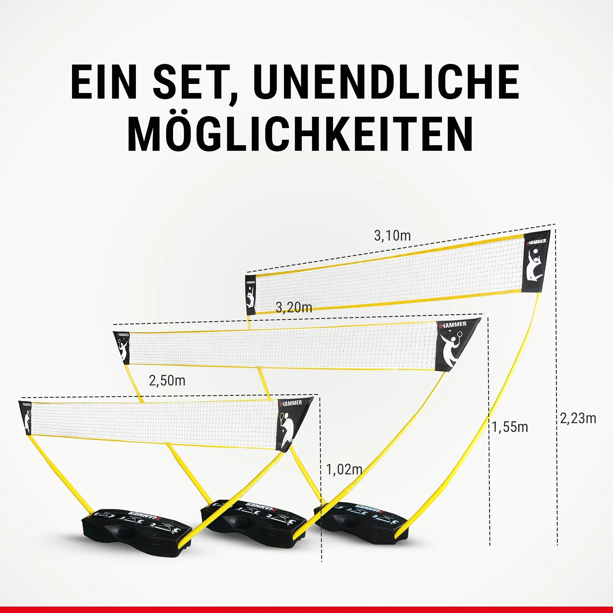 HAMMER 3 in 1 Netz Set für Volleyball, Badminton & Tennis, Spaß für jung und alt, mit Tragekoffer/Pfostenständer, leichter Aufbau, schnell verstaut und leicht transportiert