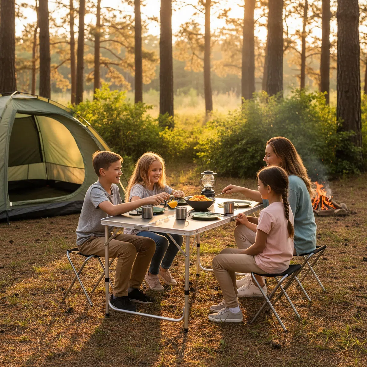 Relaxdays Campingtisch, 4 Sitzhocker, klappbar, höhenverstellbar, mit Tragegriff, Aluminium, MDF, Klapptisch, weiß