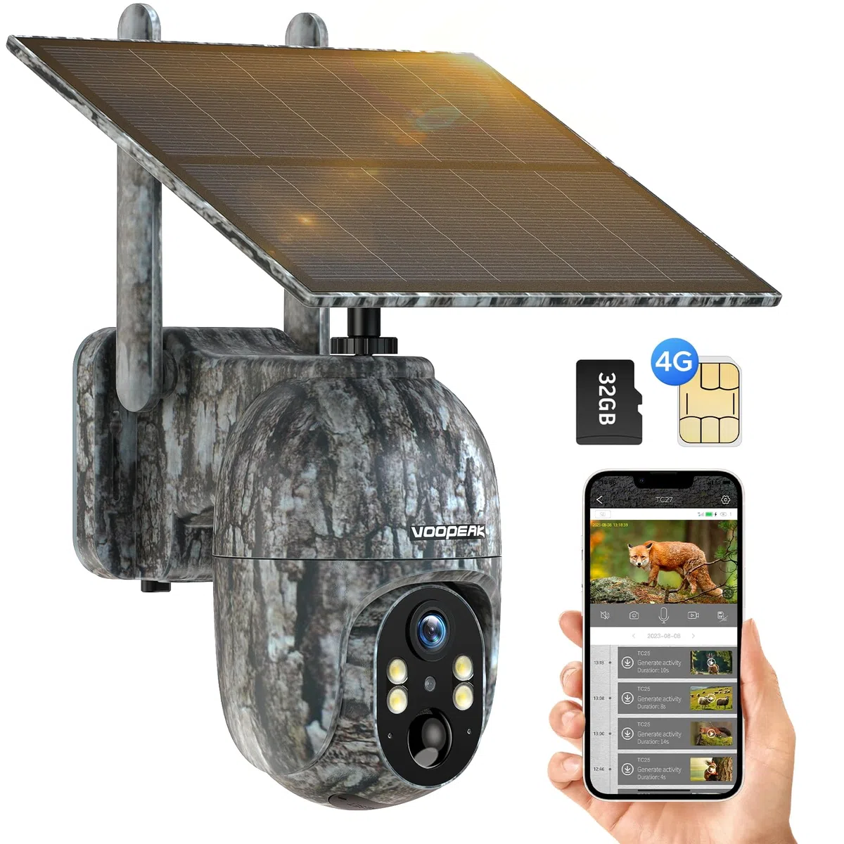 VOOPEAK 4G LTE Wildkamera mit SIM Karte, 1080P Live Wildkamera mit Handyübertragung App, Wildtierkamera mit Nachtsicht Bewegungsmelder mit 32G Speicherkarte für Outdoor Jagd & Naturbeobachtung
