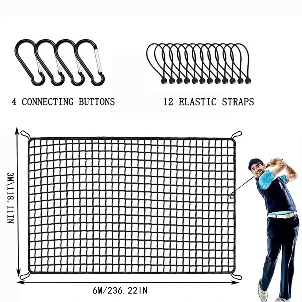 Golf Übungszaunnetz 3m x 6m,Schwarzes Polyethylen-Netz mit 2,54cm Maschen und verstärkten Kanten,Inklusive 12 Ballbänder und 4 Karabiner,Leichtes Aufbauen für Golfschwungübungen in Garage oder Garten