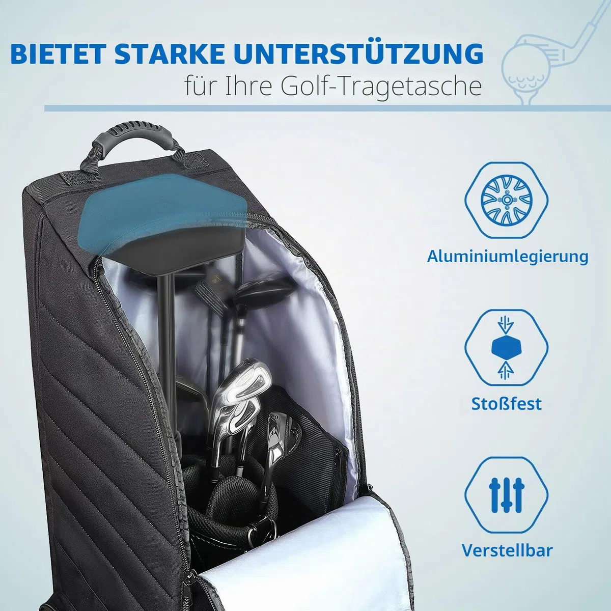 Rhino Valley Teleskop-Golftaschen-Halterung, verstellbare Halterung aus Aluminiumlegierung mit Oberdeckel, Zubehör für Golf-Halterung