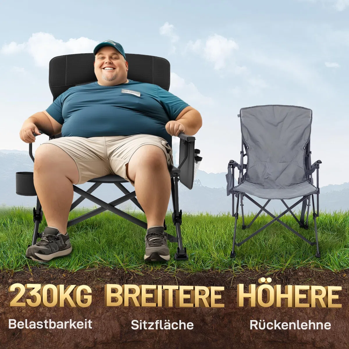EVER ADVANCED Campingstuhl Faltbar 230KG Belastbar XL Klappstuhl 62cm Sitzbreit mit Seitentasche Getränkehalter Übergroß Faltstuhl Angelstuhl für Camping Outdoor Balkon Garten