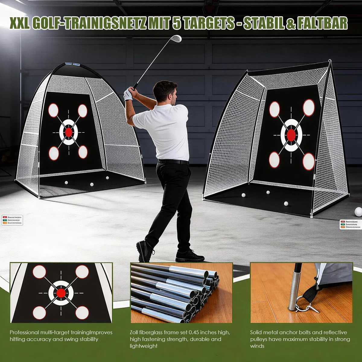 Golf-Übungsnetz mit Matte, tragbares Trainingsset (300 x 200 cm) mit Zielscheibe, 3 Abschlagmatten, 10 Golfbällen, Tees und Tragetasche für drinnen und draußen
