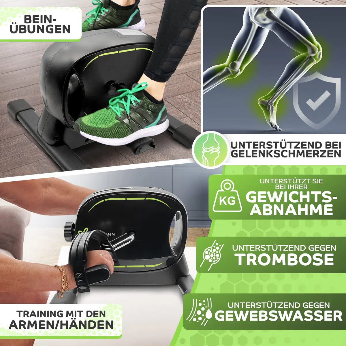 Neu Tretmann Basic Pedaltrainer Set -extra standfest & leise- inkl. Befestigungsband -DEKRA Geprüft- Beintrainer für Senioren Heimtrainer Mini Bike Schwarz Grün