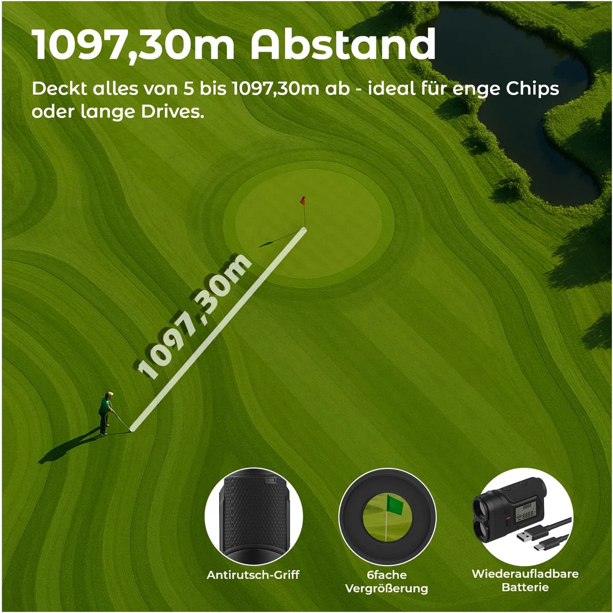 Golf Entfernungsmesser 1097M von WanderS – Laser Messgerät mit Neigungsfunktion On/Off, Flaggensperre & Vibration, 6X Zoom, Turniermodus, Seitenanzeige, USB-C Aufladung – Golfzubehör Herren
