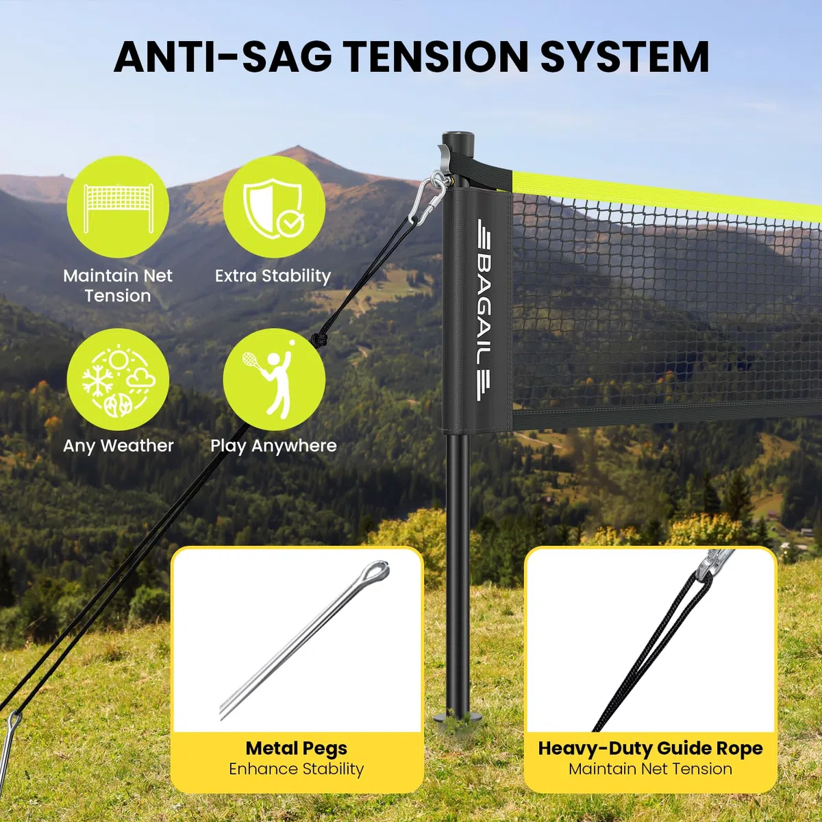 BAGAIL Professionelles Badmintonnetz-Set, TurnierschANDARD 6,1m x 1,55m, Allwettertauglich PE-Netz, 5-Minuten-Montage, Mit 4 Schlägern, 3 Schittern und Tragetasche
