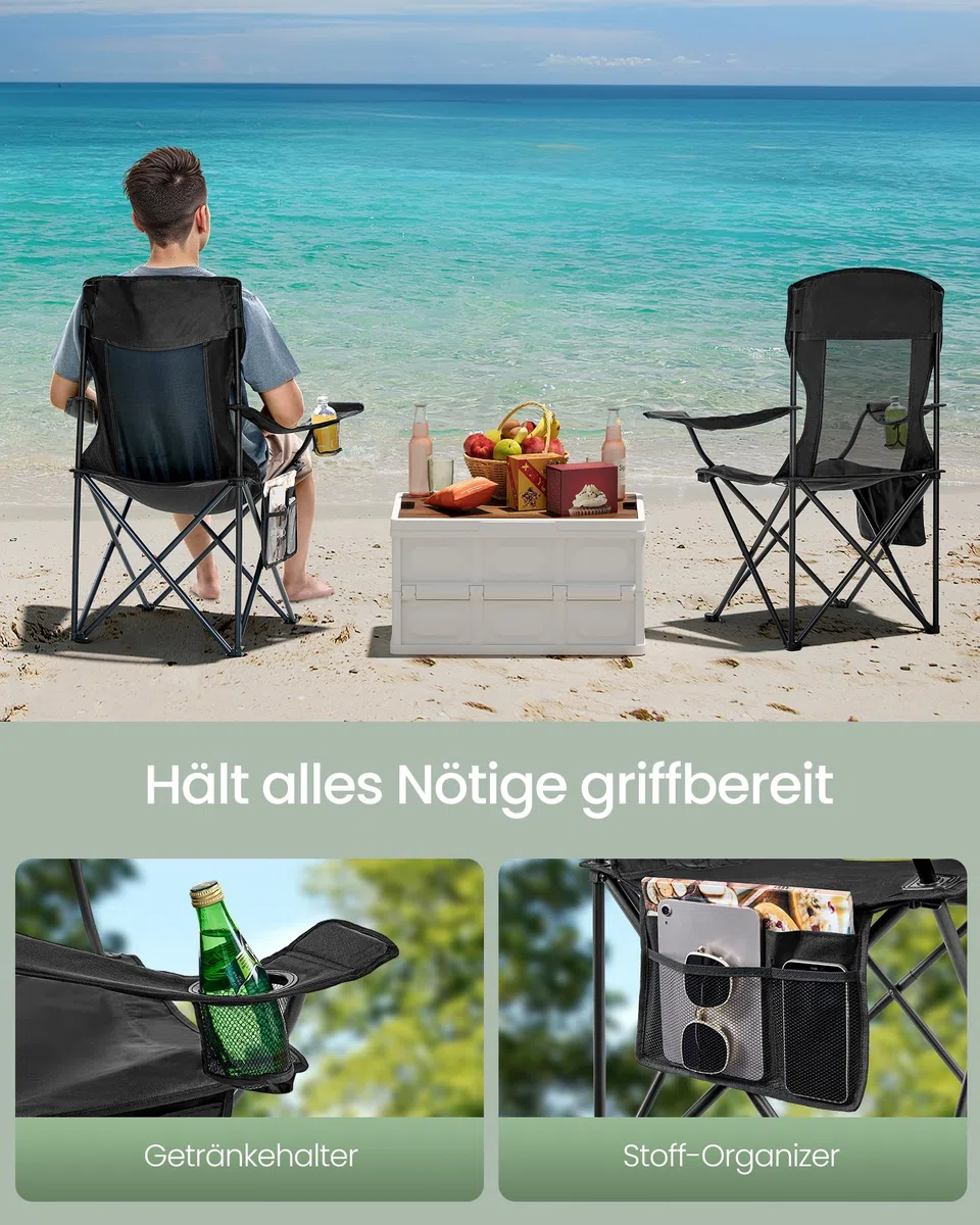 SONGMICS Campingstuhl 2er Set, Klappstuhl Outdoor, Angelstuhl, hohe Rückenlehne, verstellbare Armlehnen, Getränkehalter, klappbar, bis 150 kg belastbar, Camping Garten
