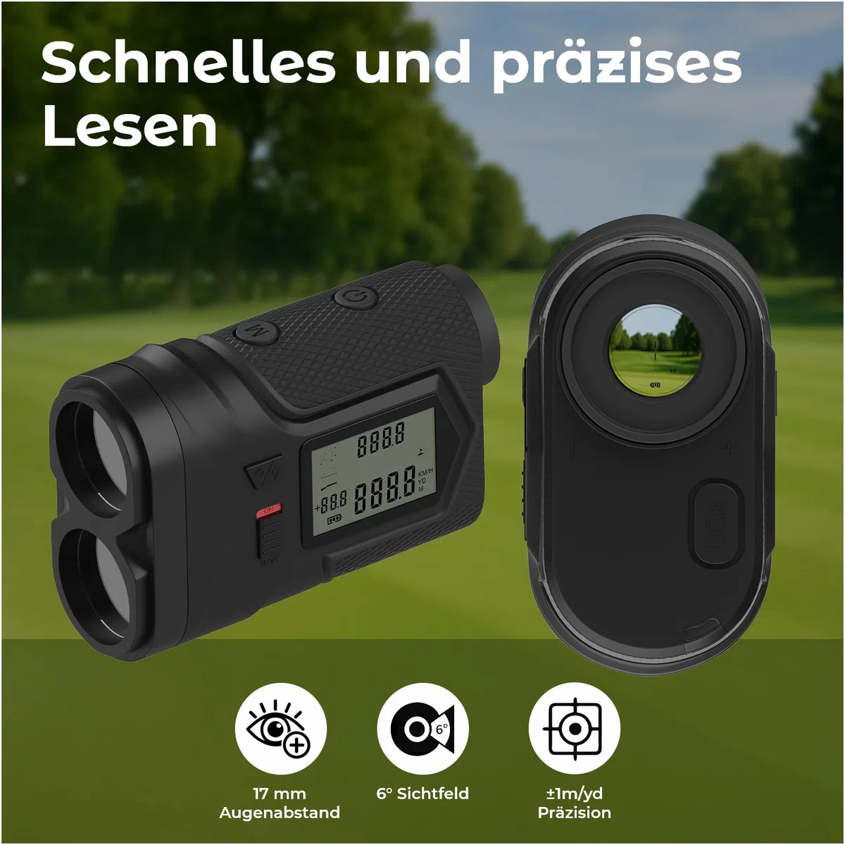 Golf Entfernungsmesser 1097M von WanderS – Laser Messgerät mit Neigungsfunktion On/Off, Flaggensperre & Vibration, 6X Zoom, Turniermodus, Seitenanzeige, USB-C Aufladung – Golfzubehör Herren