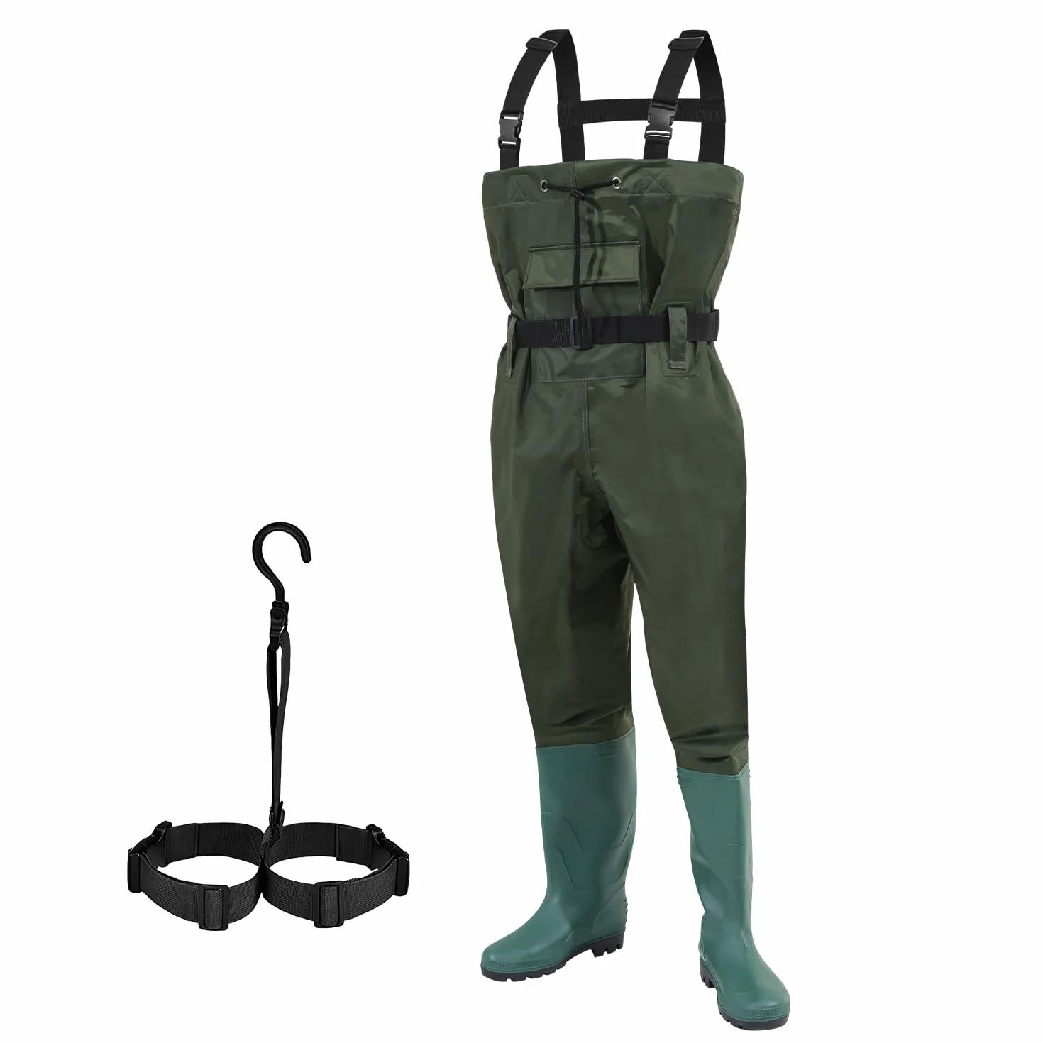 Wathose Herren, Anglerhose 70D Nylon mit Stiefe, PVC Watthosen Wasserdichtl mit Haken, Angelhose mit Verstellbarer Schultergurt, Fischerhose für Baustellen, Gärten