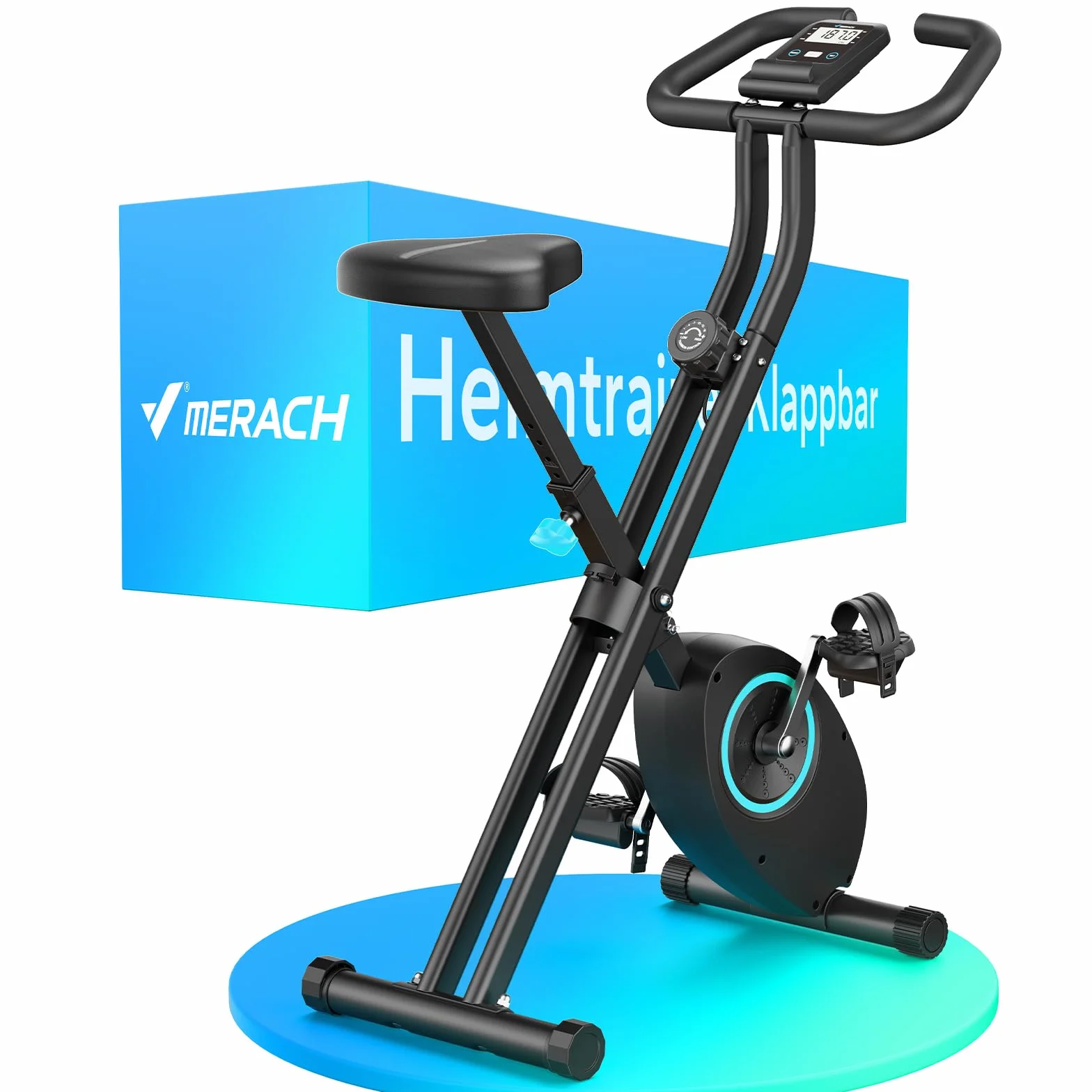 MERACH Heimtrainer Fahrrad Klappbar, Hometrainer Fahrrad mit LCD Monitor, Magnetisches Ergometer Heimtrainer mit Bequemem Sitzkissen, Fitnessbikes für Zuhause, Platzsparend, 136KG