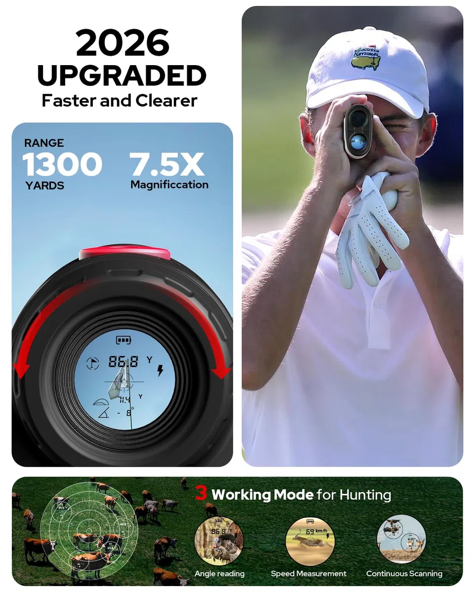 GF2 Golf-Entfernungsmesser mit Neigung, 1300 Yards Laser-Entfernungsmesser für Golf & Jagd, 7,5-fache Vergrößerung, Fahnenmastverriegelung, Vibration, wiederaufladbares magnetisches