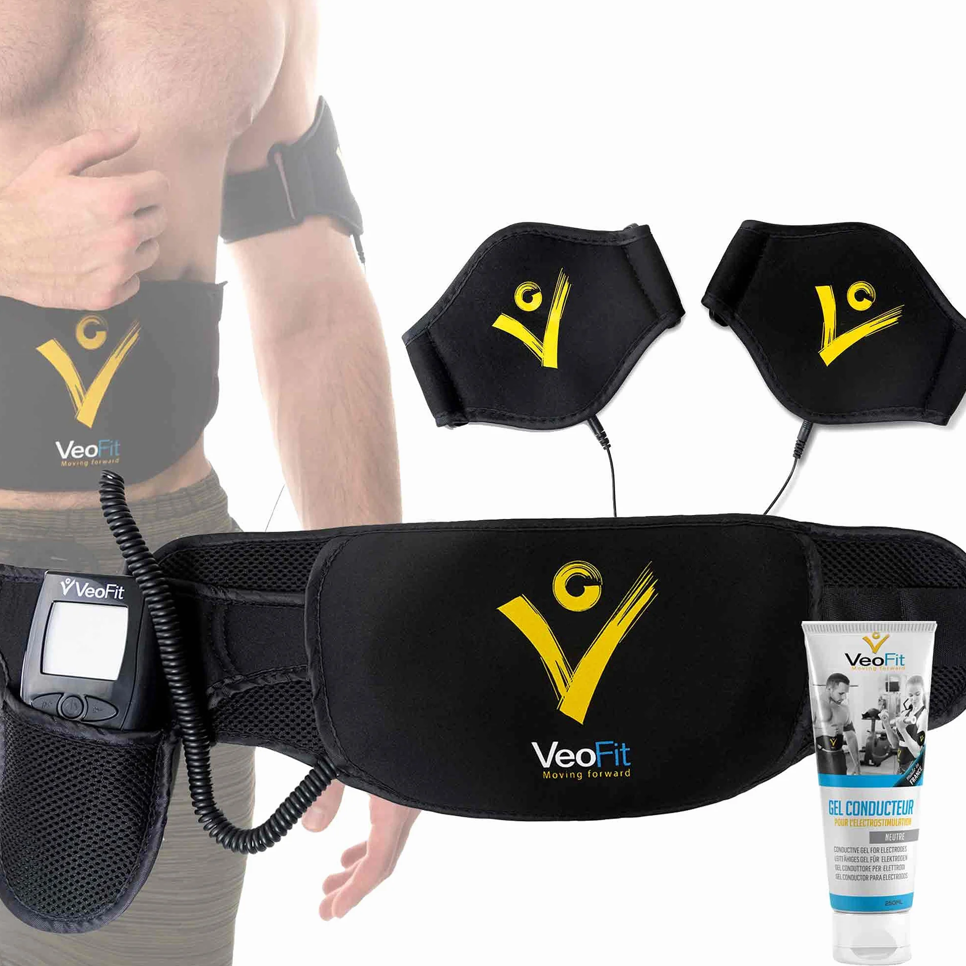 VEOFIT Bauchmuskeln Gürtel EMS Bauchtrainer zum Abnehmen festigt, stärkt und strafft der Bauch, Rücken, Arme, Oberschenkel, Waden- mit Fitness und Ernährungshandbuch und Transport Tasche