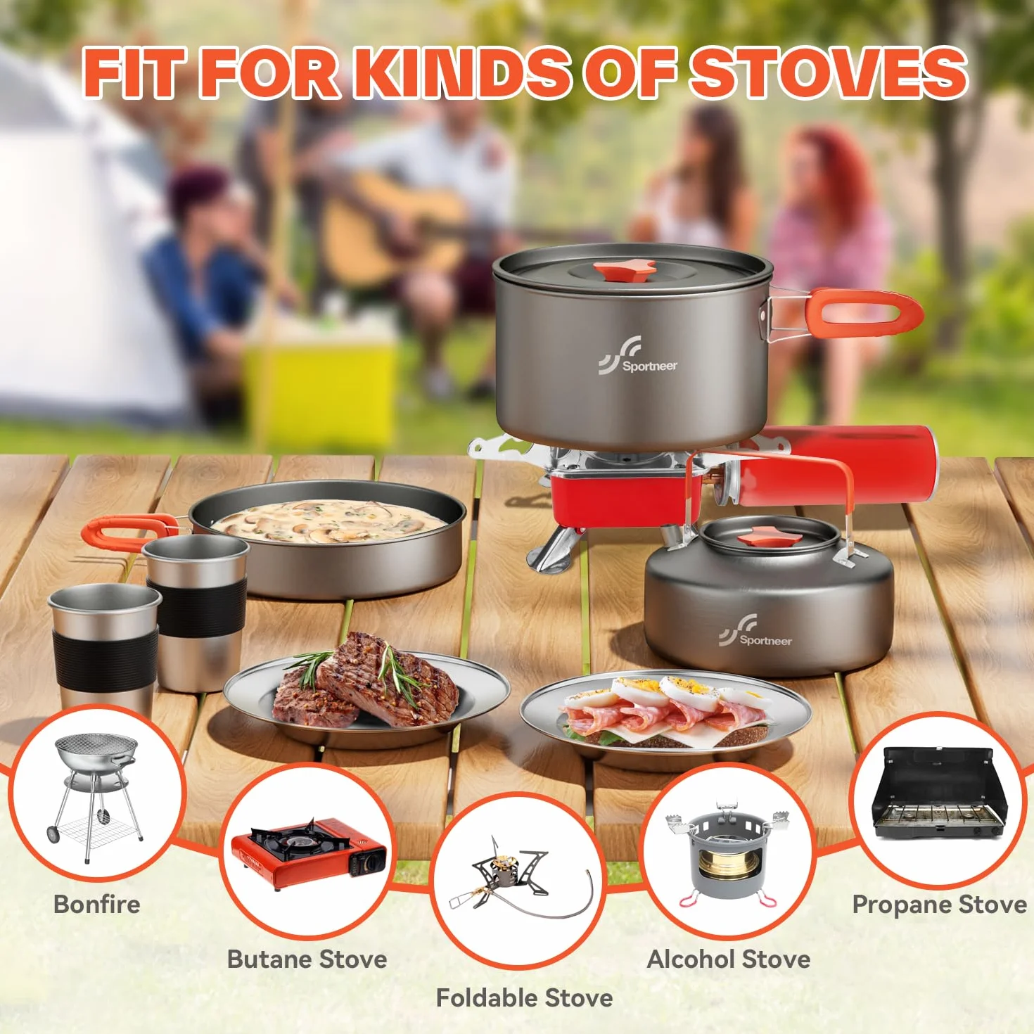 Camping Kochgeschirr Camping Geschirr Set 2 Personen Camping Topf Pfanne Set Und Wasserkocher Mit Tassen Teller Messer LöFfel Gabeln, Camping Besteckset Für Outdoor Picknick Wandern