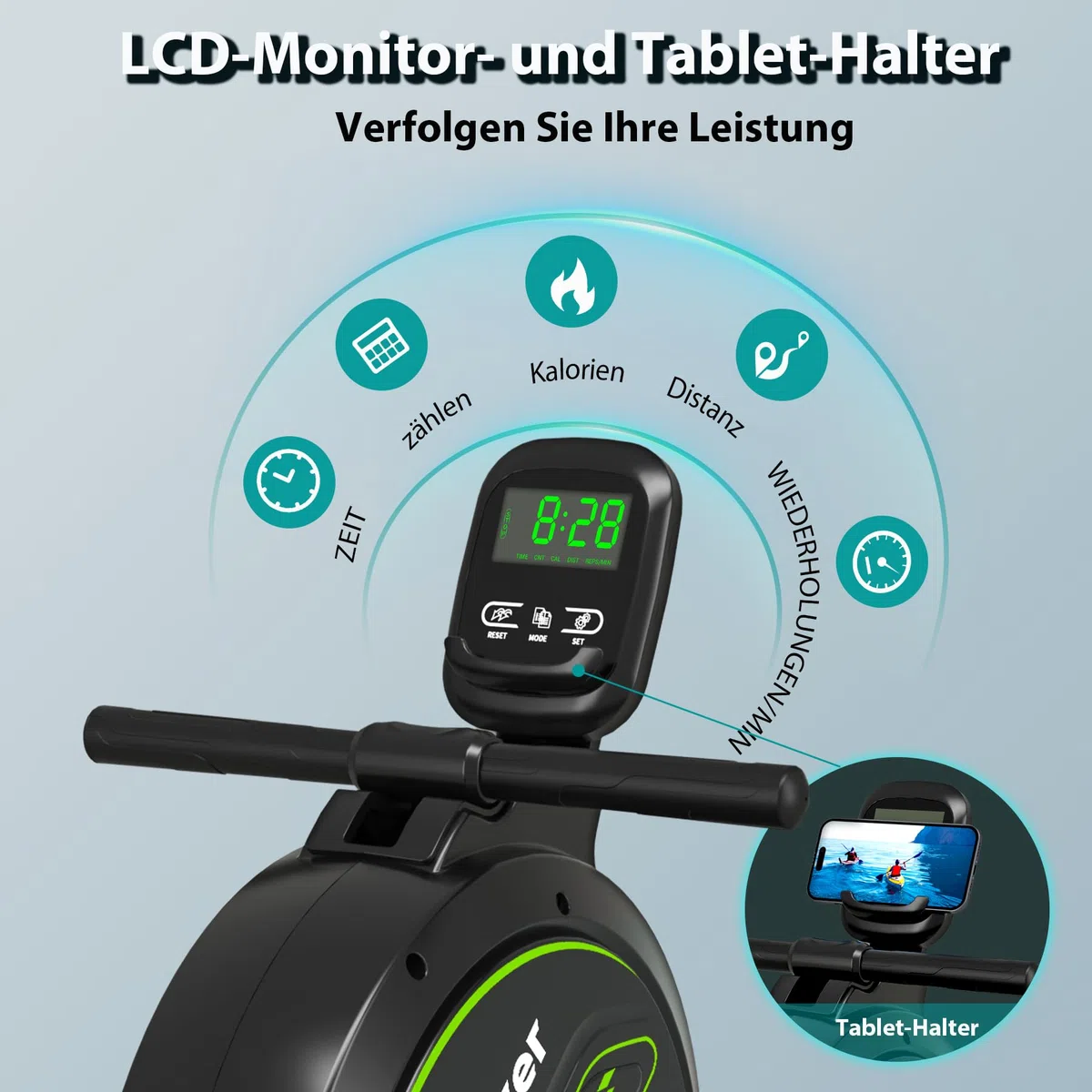 WENOKER Magnetisches Rudergerät für Zuhause: <30dB Leises Fitnessgerät für Wohnungen, hochkant gelagert & Platzsparend mit 160kg Tragkraft, App-Anbindung (Kinomap) & 16 Widerstandsstufen