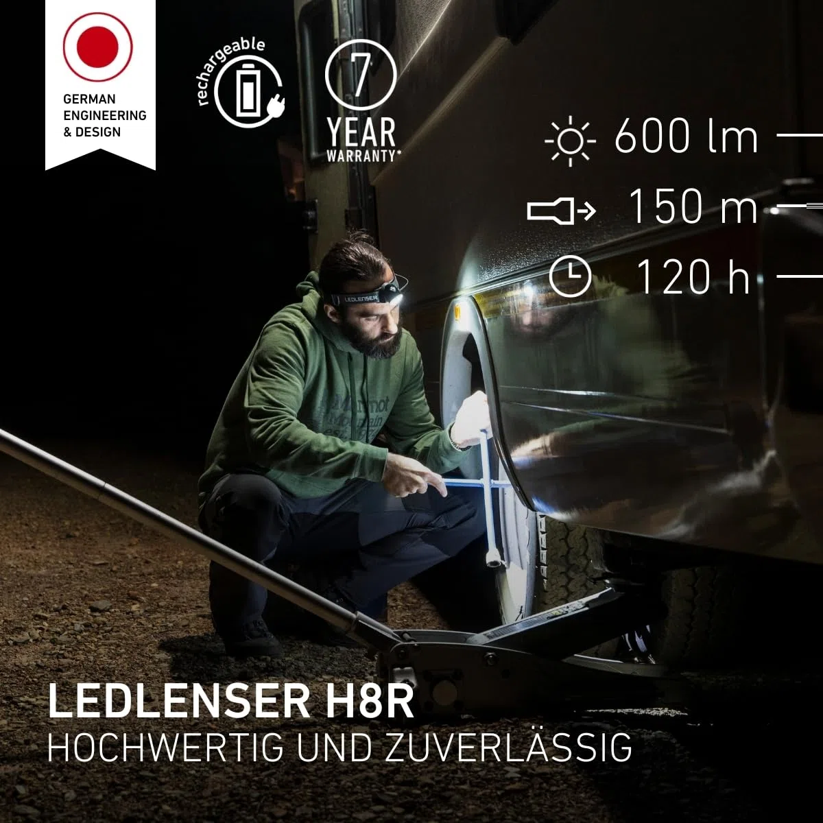 Ledlenser H8R Stirnlampe LED, aufladbar mit Lithium 18650 Akku, 600 Lumen, fokussierbar, bis zu 120h Laufzeit, rotes Rücklicht, schwenkbar, USB Ladekabel, Headlamp