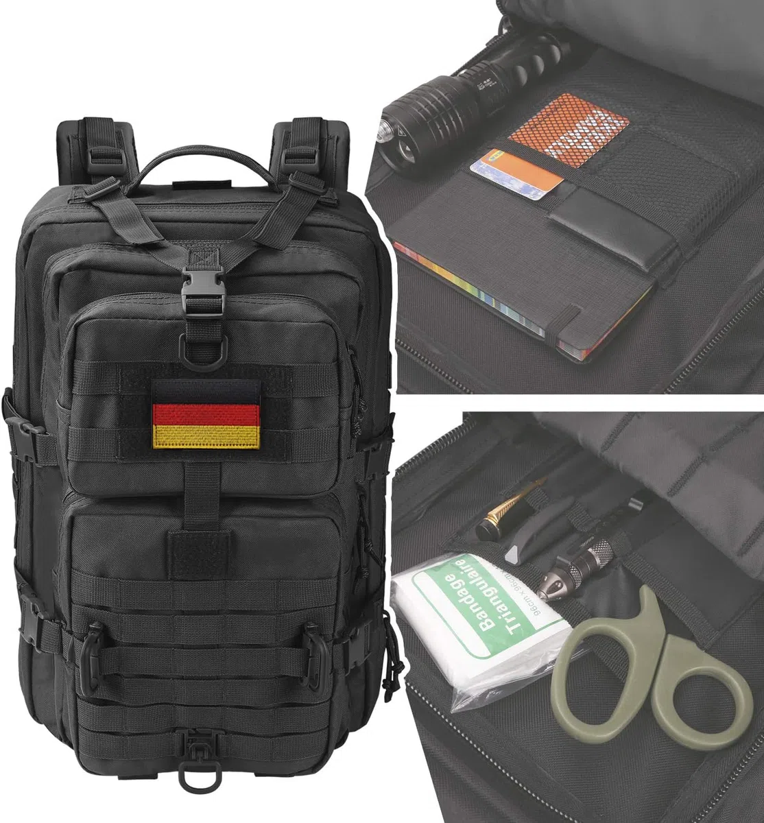 Hannibal Tactical Militär Taktischer Rucksack Cooper Rucksack Armee Assault Pack 3 Tage Bug Out Go Bag Trekking Wanderrucksack (40L,Schwarz-DE)