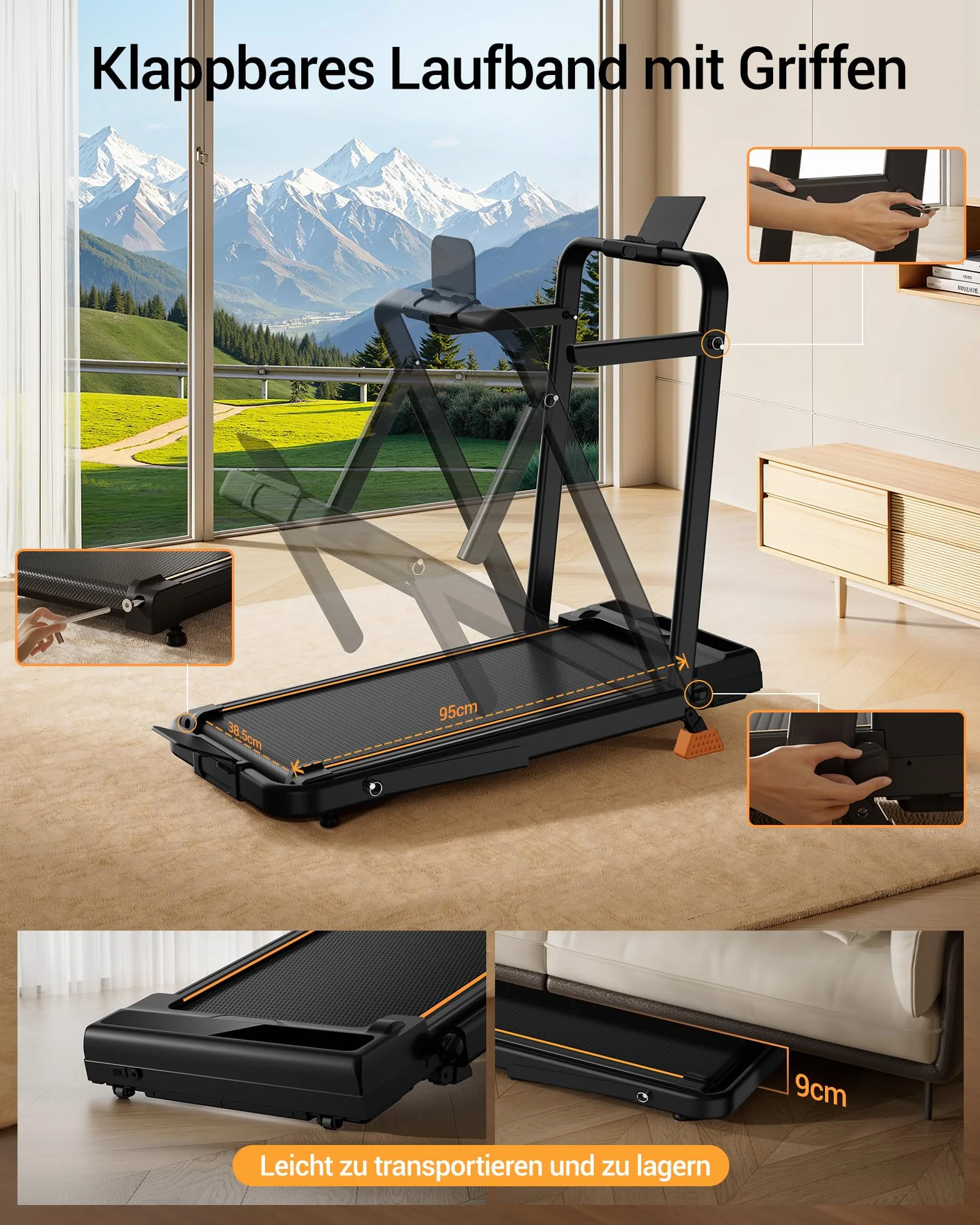 LONTEK Walking Pad Klappbar mit Steigung 10KM/H, 16% Laufband für Zuhause Klappbar mit Steigung, LED Anzeige, Fernbedienun, Laufbänder mit Handläufen, 3.0 HP Treadmill for Home, Belastung 159KG