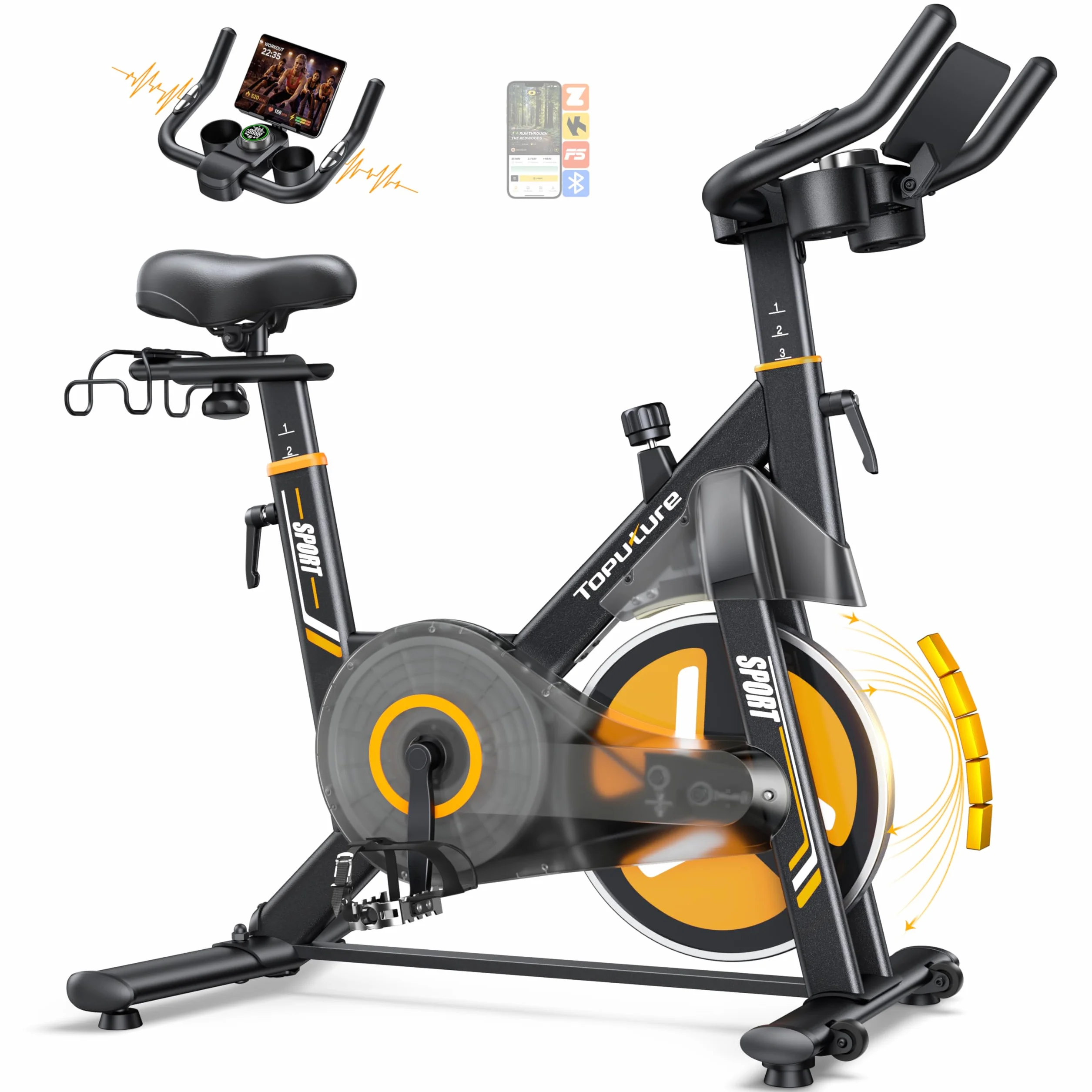 Toputure Neu Heimtrainer Fahrrad mit Elektr. LED-Touchmonitor & App, Herzfrequenzmessung, 32 Elektr. Magnetwiderstand Hometrainer, Leiser Ergometer, Dopp. Flaschenhalter, Langhantelständer, Bis 150kg