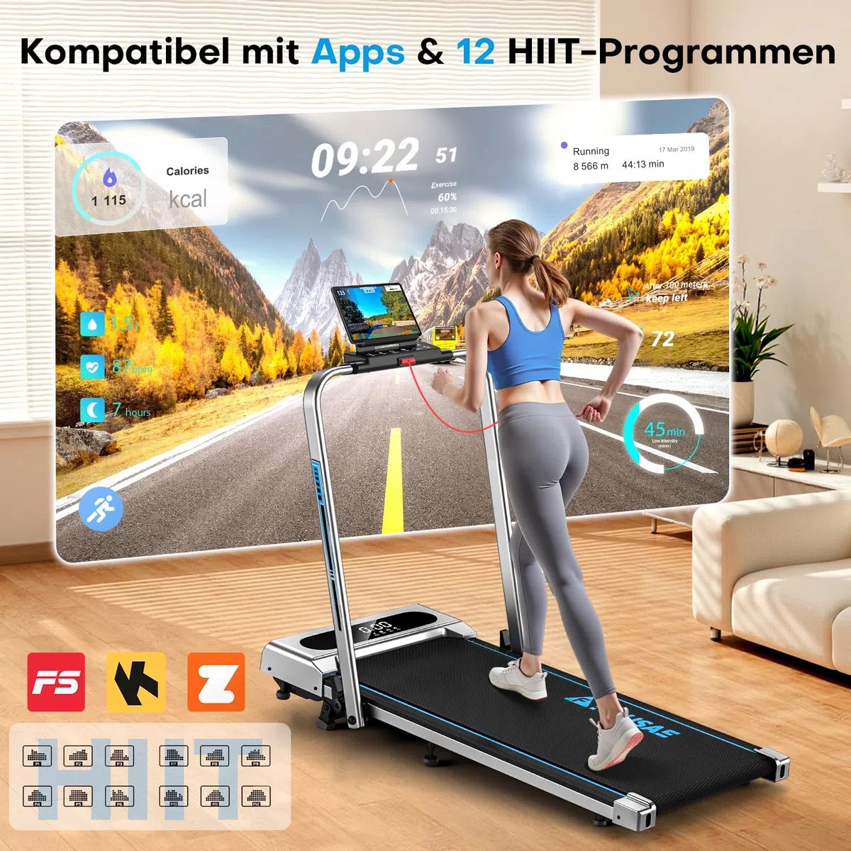 Laufband für Zuhause, 5 in 1 Walking Pad, 12km/h Klappbar Laufband mit 9% Steigung, 2.75HP Walking Machine mit LED-Anzeige, Fernbedienung und App, 12 HIIT, Bis 160 kg, Keine Installation