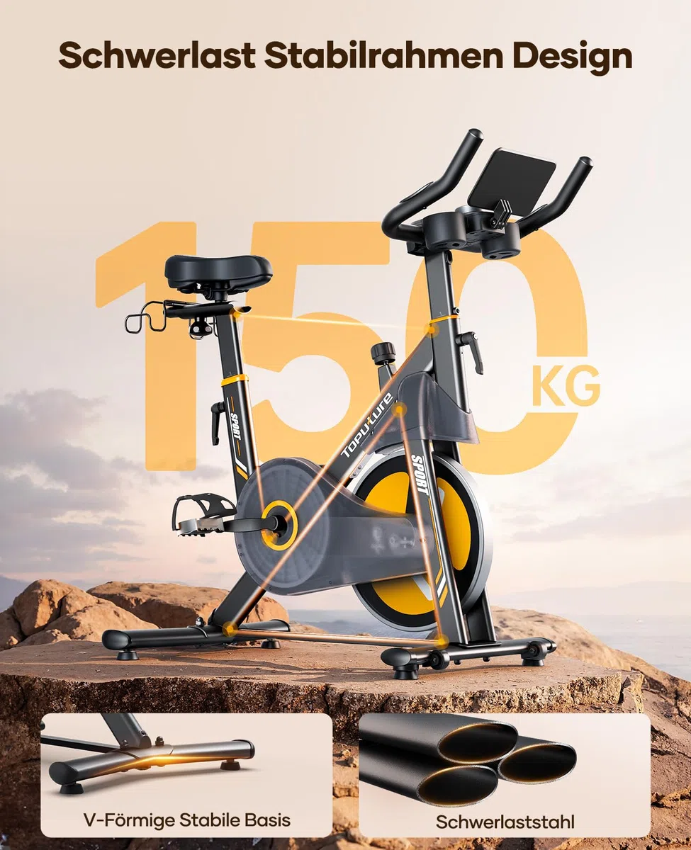 Toputure Neu Heimtrainer Fahrrad mit Elektr. LED-Touchmonitor & App, Herzfrequenzmessung, 32 Elektr. Magnetwiderstand Hometrainer, Leiser Ergometer, Dopp. Flaschenhalter, Langhantelständer, Bis 150kg