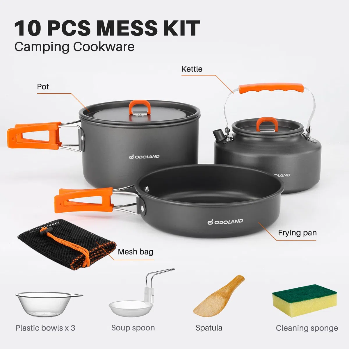 Odoland Camping Kochgeschirr Set, 10 Teilige Outdoor Geschirr Set mit Camping Topf, Camping Bratpfanne und Teekannen für Camping Outdoor Kochen Wandern Reisen
