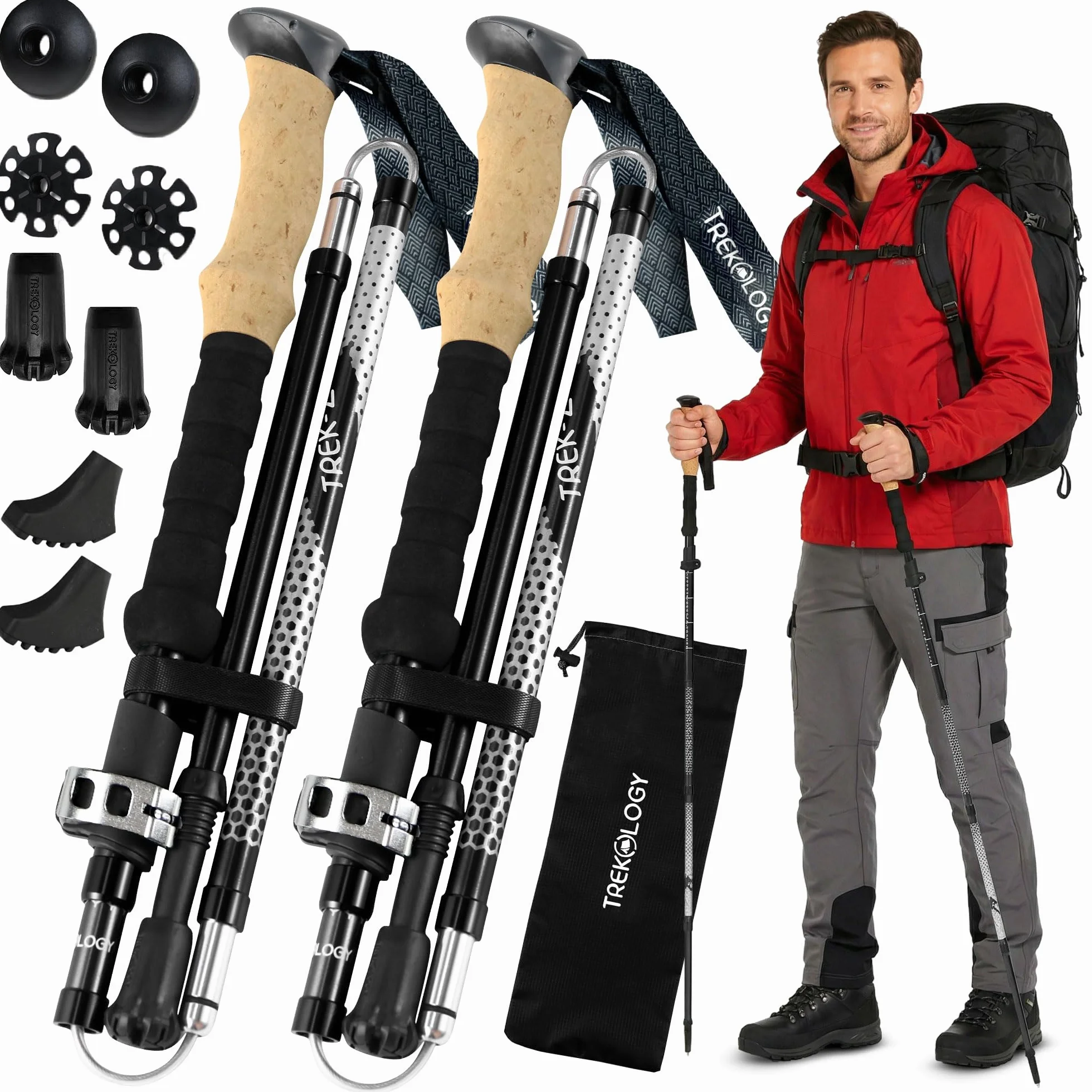 Trekology Trek-Z einklappbarer dreiteiliger Wanderstock/Wanderstöcke – verstellbare Leichtgewichtige Aluminium-Wanderstöcke, tragbarer Wanderstab mit Korkgriff zum Gehen, Senioren-Trekking, Wandern
