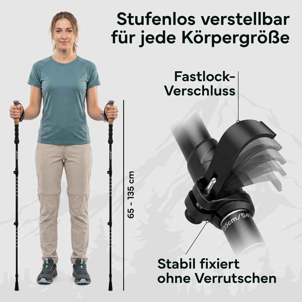 Wanderstöcke Teleskop Carbon oder Aluminium 65-135cm - Höhenverstellbare Walking Stöcke Damen & Herren - Nordic Walking Stöcke mit Korkgriff, Wolframspitze & Gummipuffer - Trekkingstöcke ausziehbar