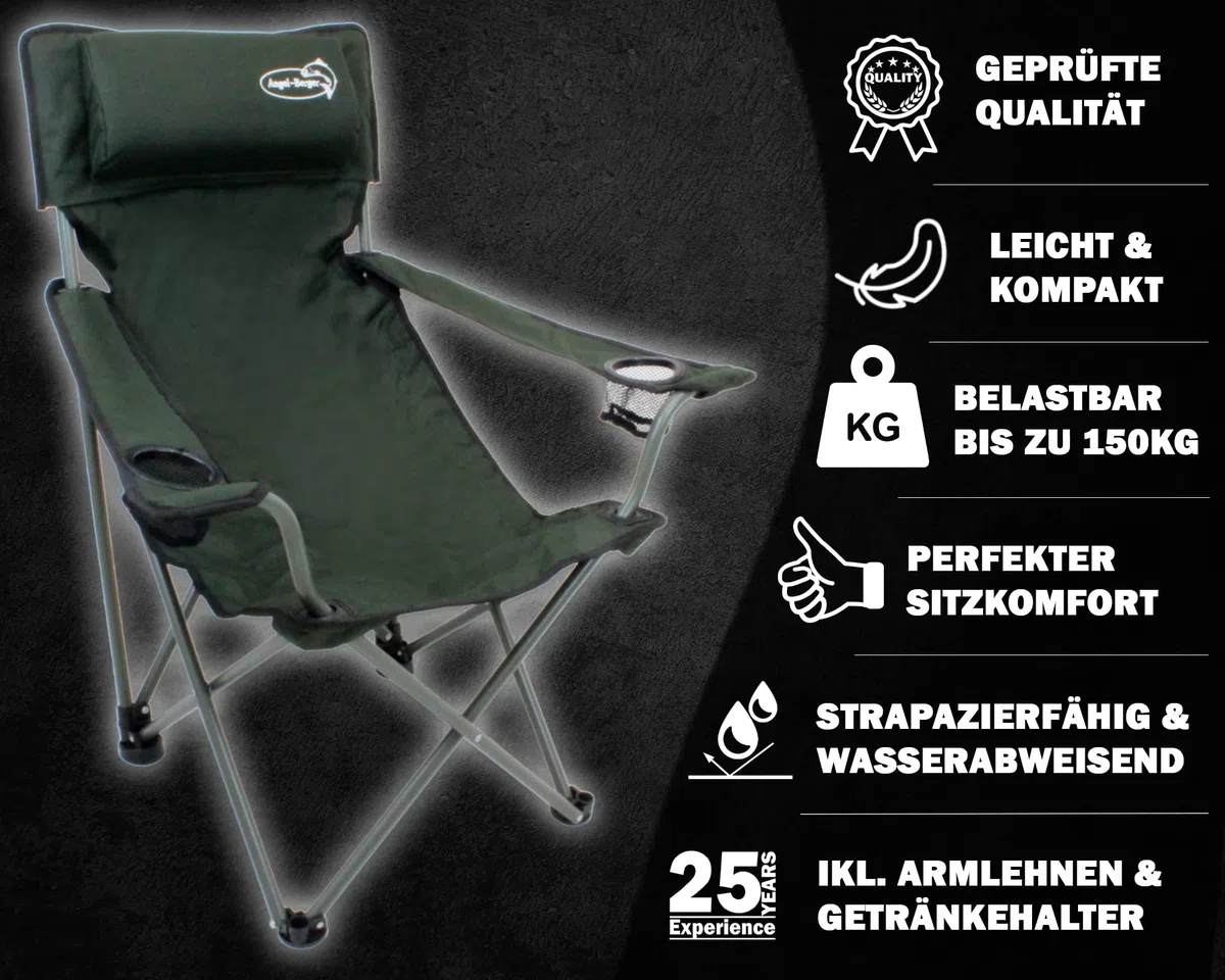 Angel-Berger Luxus Faltstuhl Klappstuhl mit Getränkehaltern Polster und Armlehnen Grün