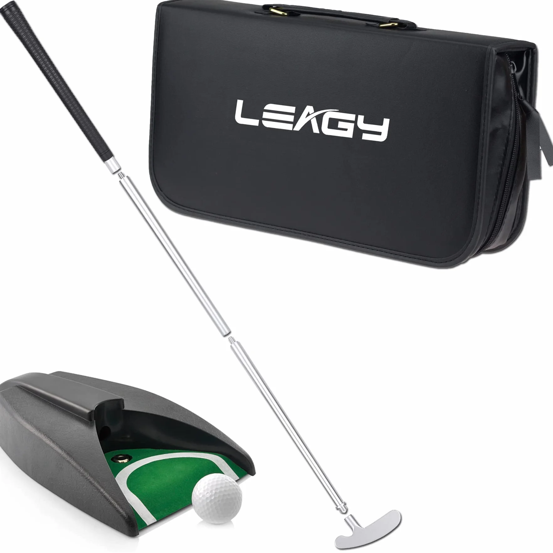 LEAGY Tragbares Golfputter Reise-Übungs-Putting-Set mit Koffer Indoor Outdoor Yard, Indoor-Golfspiel-Set, Ballrückgabesystem Putter aus Zinklegierung Executive Office Putter-Set