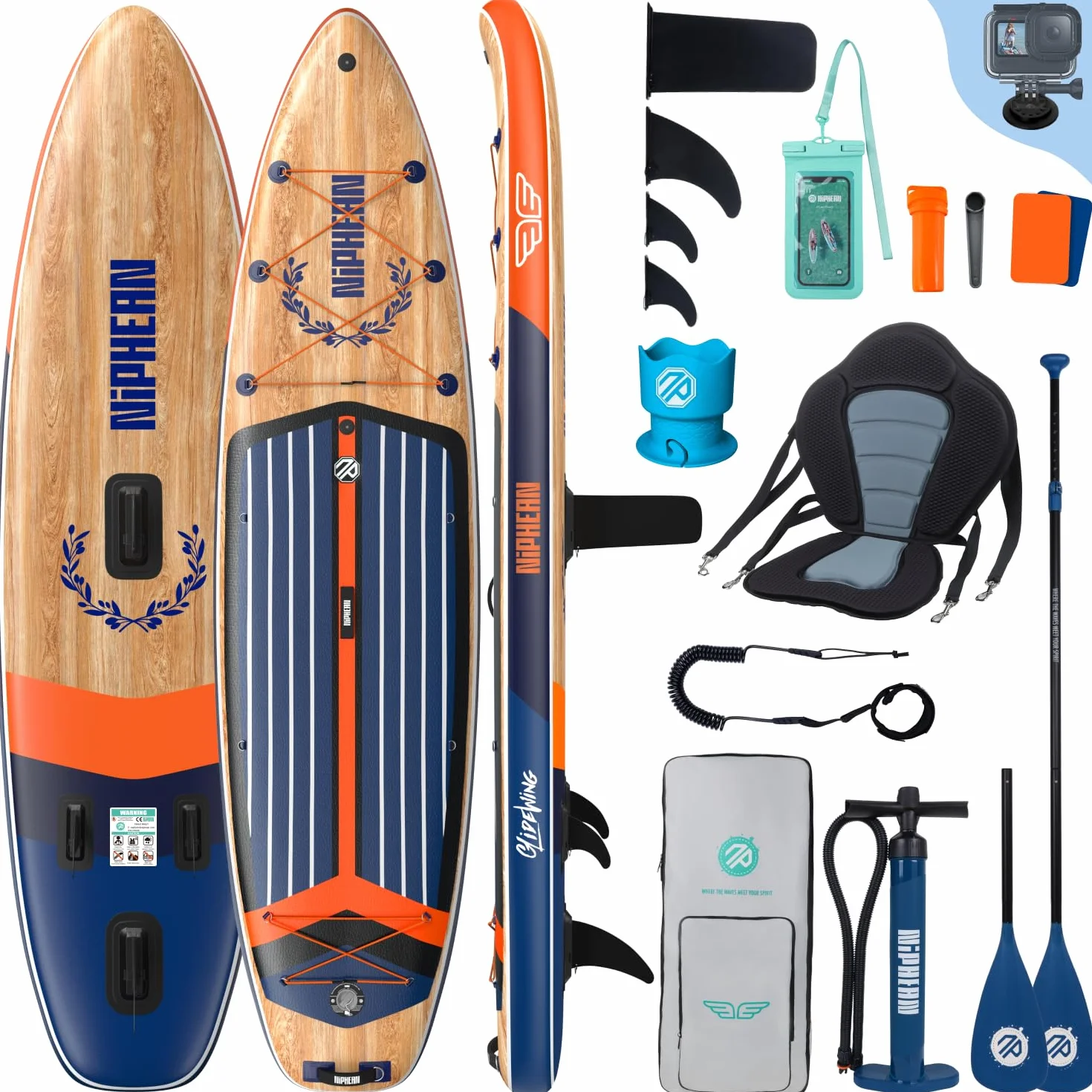 Niphean (Extra Groß) Stand Up Paddling Board, SUP für 2+1 Personen/Familien, SUP Board mit (Anfängergeeignet) Balancierflügel, wasserdichte Handyhülle, Stand Up Paddle Board for Adults, Geschenkideen