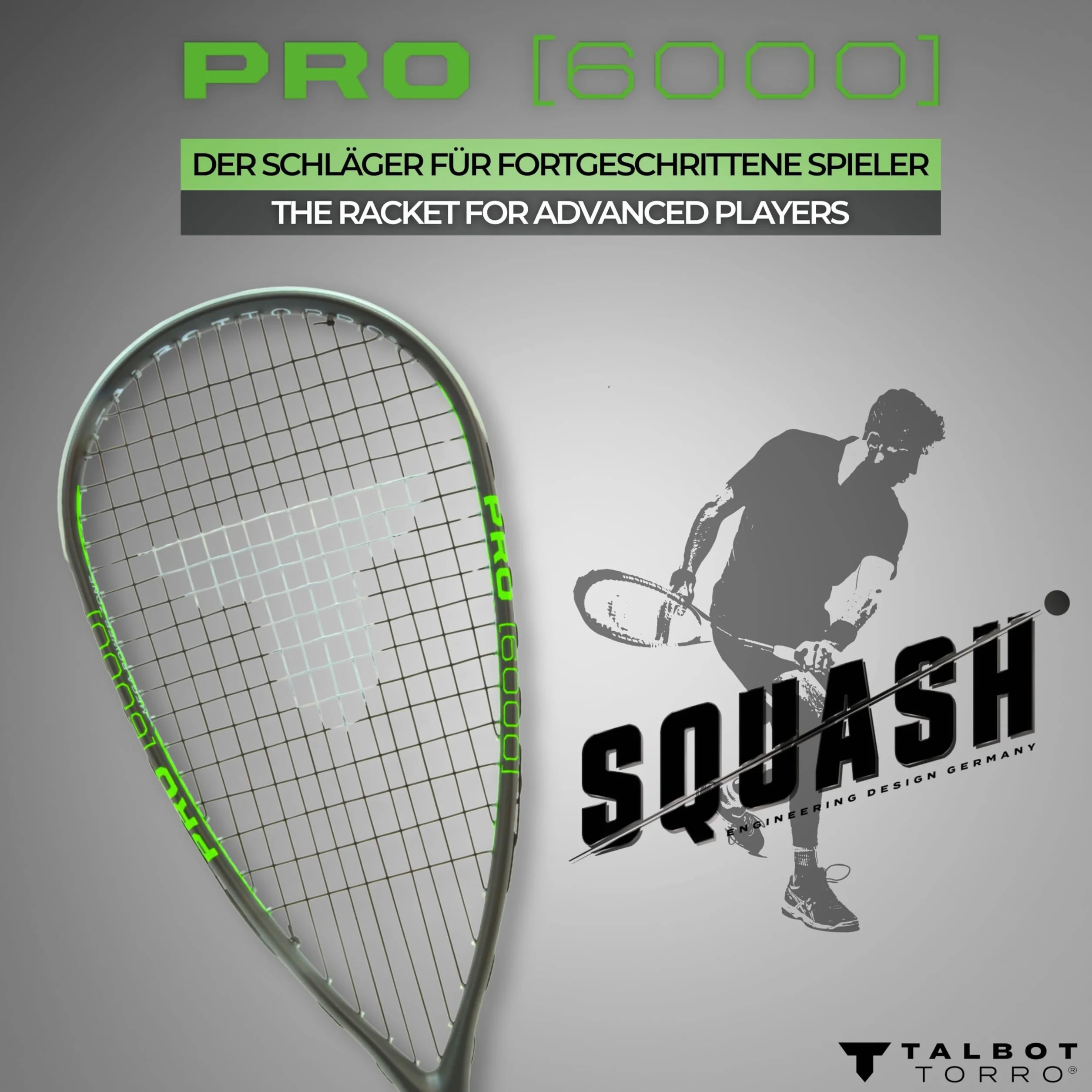 Talbot-Torro Squash-Schläger PRO 6000 - Ultraleicht & kraftvoll I Carbon4 I Offensiv-Plus für maximale Ballbeschleunigung I Besaitet & spielbereit I Für fortgeschrittene Spieler