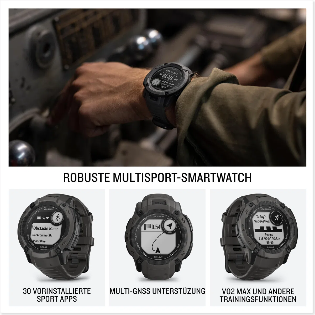 Garmin Instinct 2X Solar Tactical 50mm - GPS-Smartwatch mit unendlicher Akkulaufzeit im Smartwatch-Modus, 40+ Sport-Apps, Smart Notifications, Pay, Trainingszustand, Fitnessalter, Schlafanalyse UVM