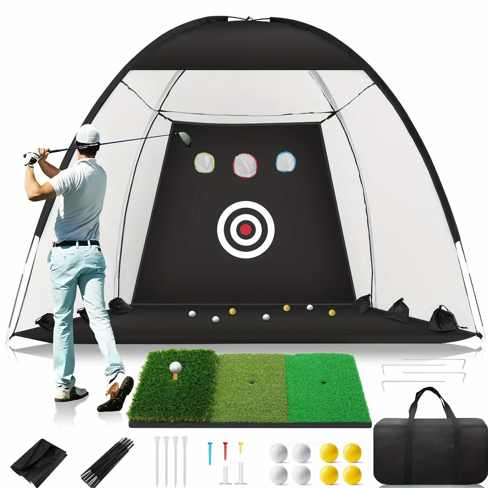 Golf-Netz,Golf Training Net mit Schlagmatte,Golfnetz Breite 300/240 * Tiefe 180 * Höhe 200 cm für Indoor Outdoor Hinterhof,Verbesserung des Trainings