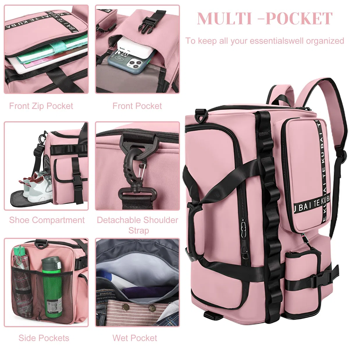 Sporttasche Reisetasche für Damen und Herren, Groß 65L Sporttaschen mit Schuhfach & Nassfach, Large Capacity Reise Tasche Gym Bag, Travel Schwimmtasche Übernachtung Tasche (Rosa)
