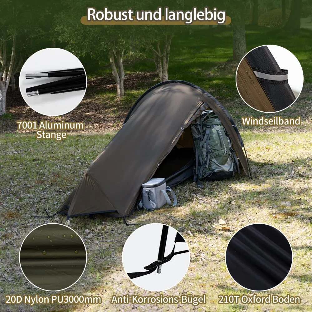 TOMOUNT Bivy Nylon Zelt Ultralight 1 Person wasserdichtes Biwaksack kleines Packmaß Trekkingzelt EIN-Man Zelt für Trekking, Camping, Outdoor, Klettern mit Rucksack