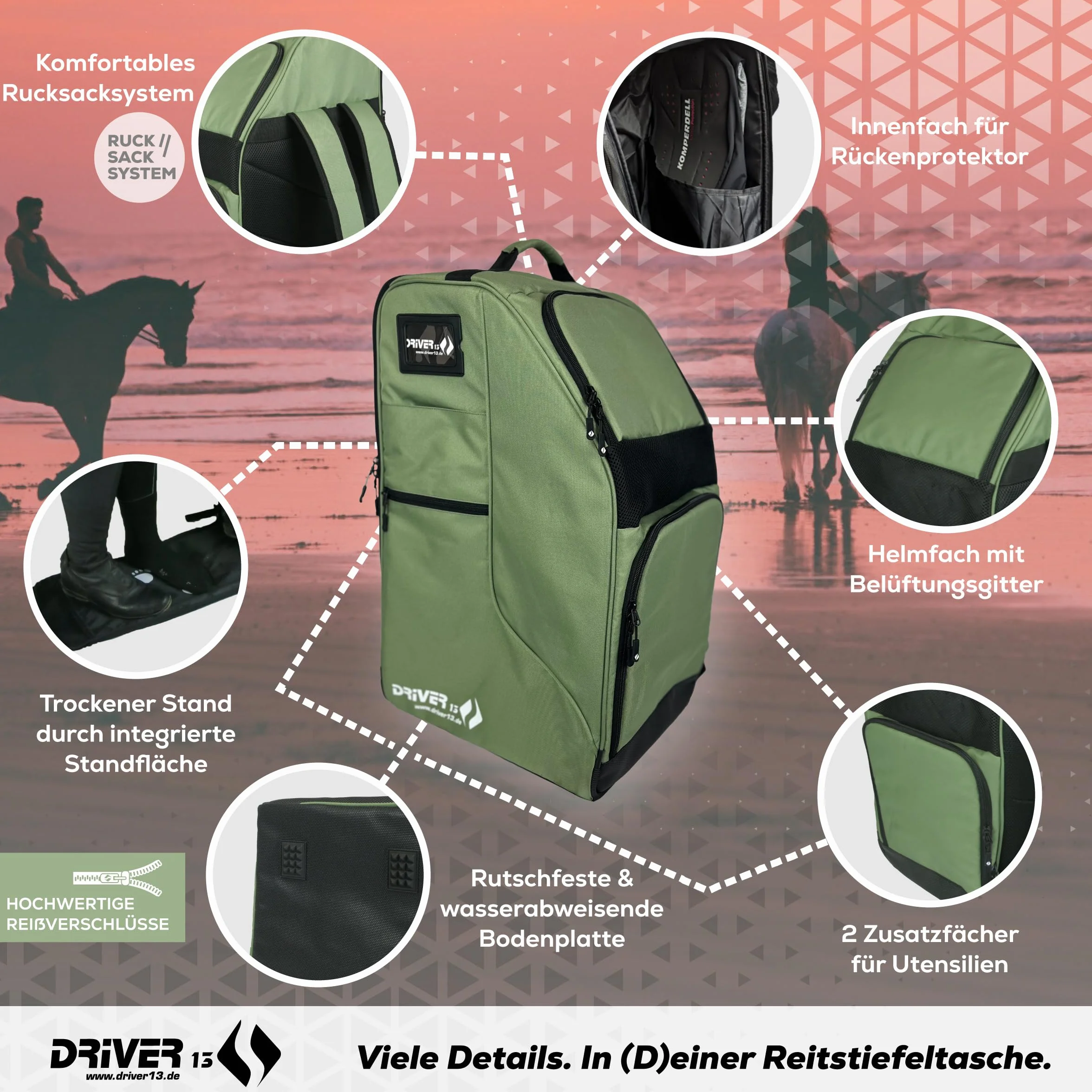 Driver13 Reitstiefelrucksack Deluxe mit Helmfach, Reitstiefeltasche und Stiefeletten Tasche, für Reitstiefel und Zubehör, Farbvarianten