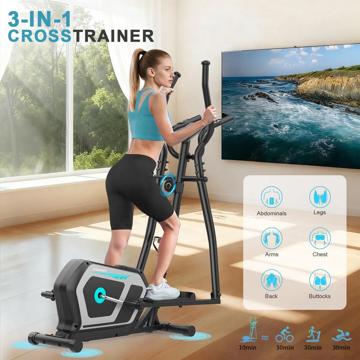 Crosstrainer für Zuhause,3-in-1 Magnetisch Ellipsentrainer mit 16 stufiger Widerstand,LCD Monitor, Wasserflaschen-und Gerätehalter, 6KG Schwungrad,Belastbar Bis 287LBS