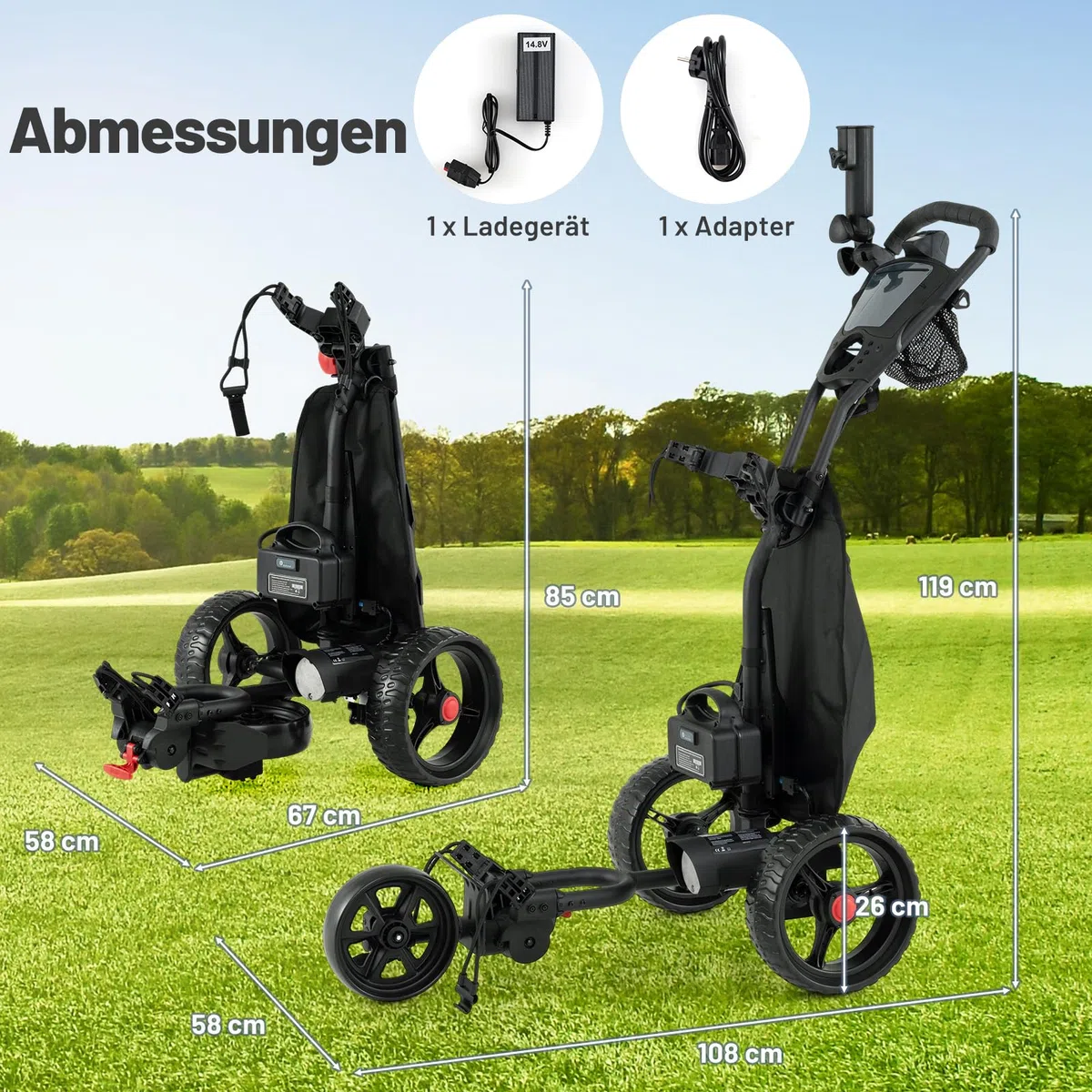 COSTWAY Golftrolley Elektrisch, 3 Rad Golf Cart klappbar, Golfwagen mit verstellbarem Griff & 9 stufiger Geschwindigkeit, Golf Caddy inkl. Schirmhalter, Getränkehalter, Kühltasche & USB-Anschluss