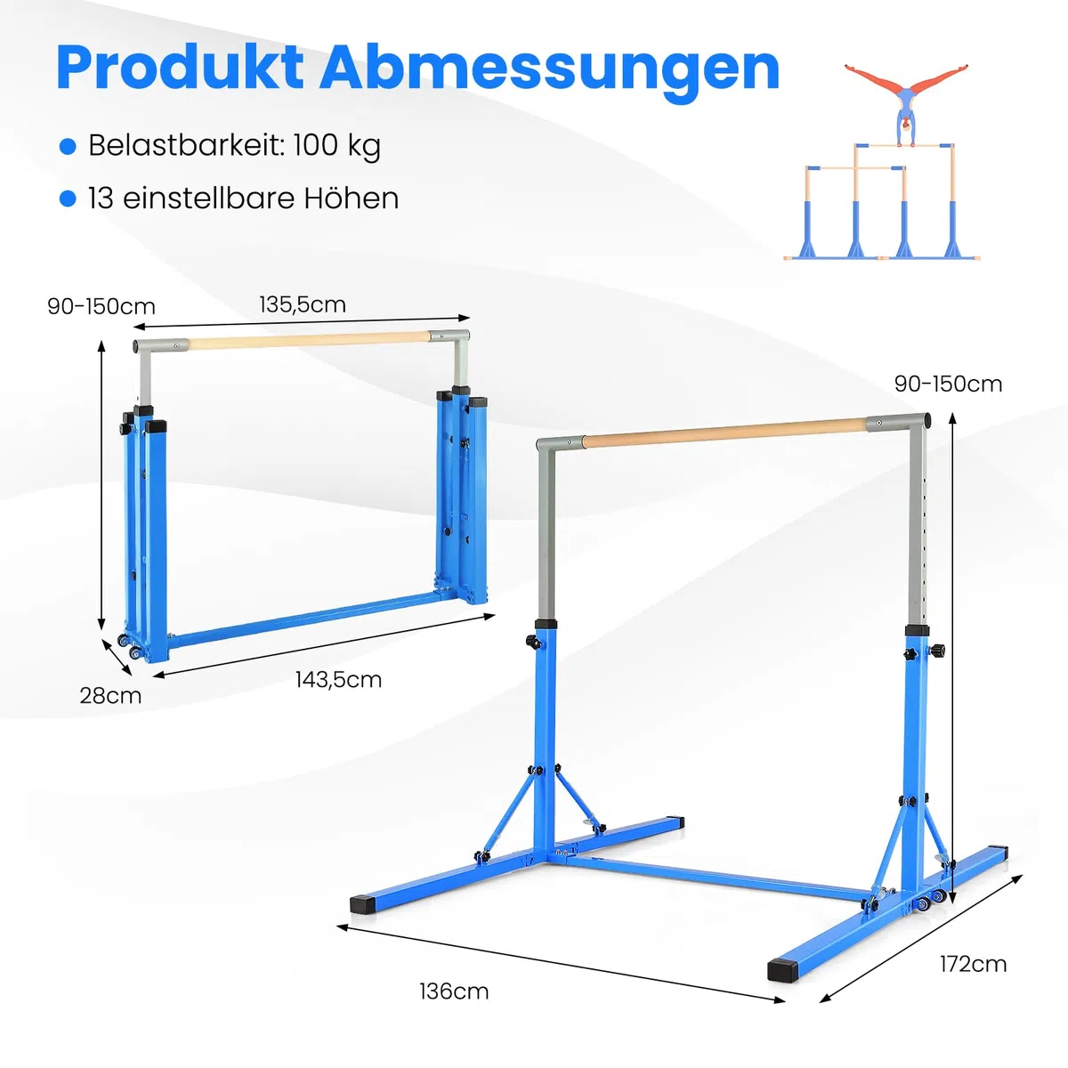 GYMAX Turnstange höhenverstellbar, Faltbare Übungsstange mit Rädern & rutschfeste Fußpolster, Turnreck bis 100 kg belastbar, Gymnastik Turnreck für Innen- & Außenbereich