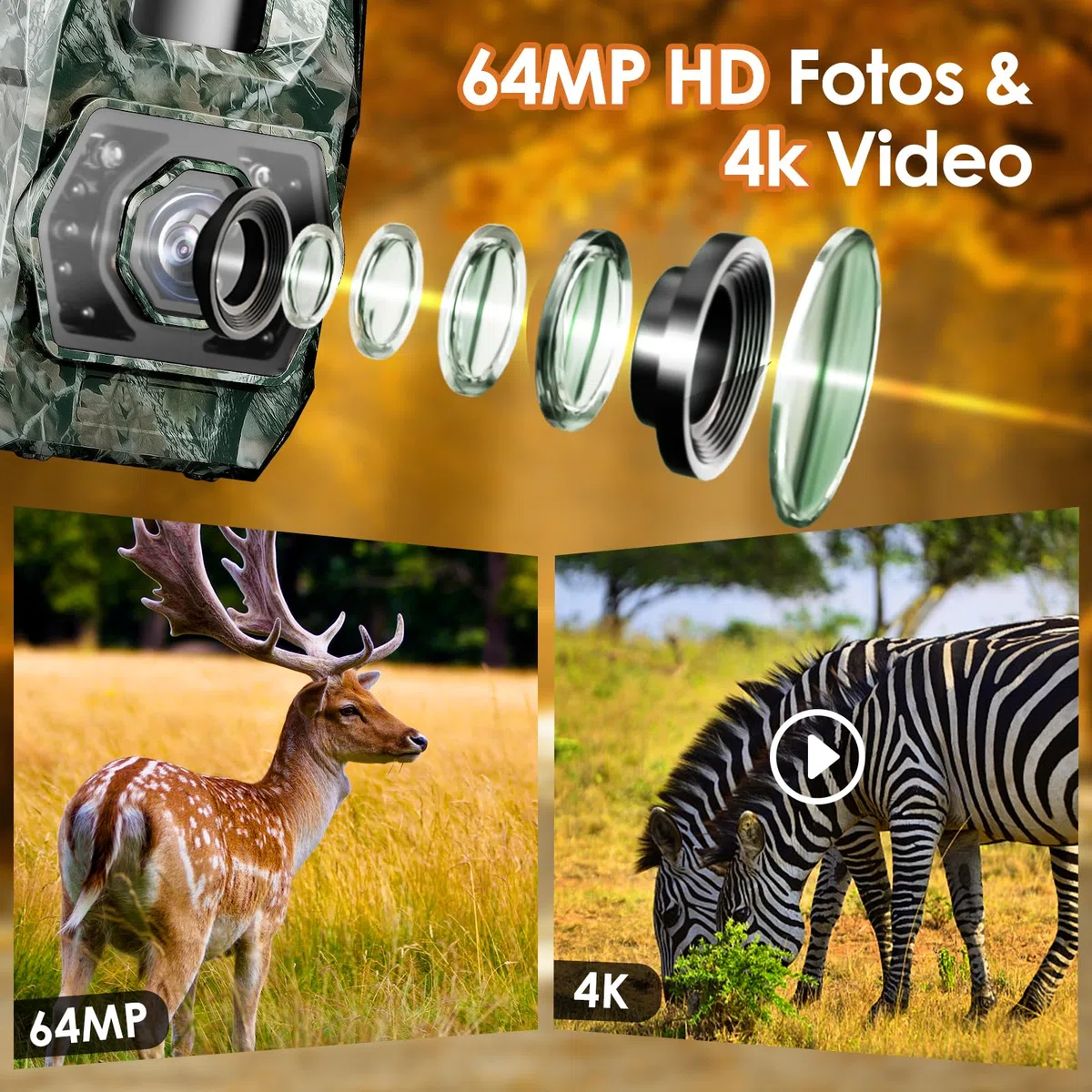 MAXDONE Wildkamera Mit Handyübertragung App, 4K 64MP Wildlife Camera solar nachtsicht bewegungsmelder 0.1s Trigger Time Wildlife Cameras Bluetooth Night Vision Camera IP66 inkl. 32GB SD-Karte