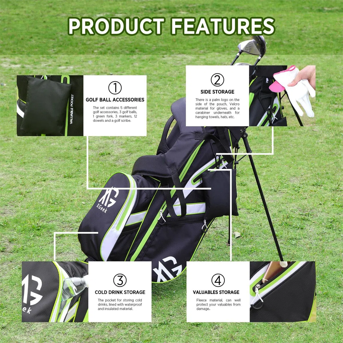XDriveMax Golfbag, leichtes Golf standbag mit 8-facher Unterteilung für Herren und Damen,Premium Golf Bag mit Regenhülle, Kühlfach und Golfzubehör Kit
