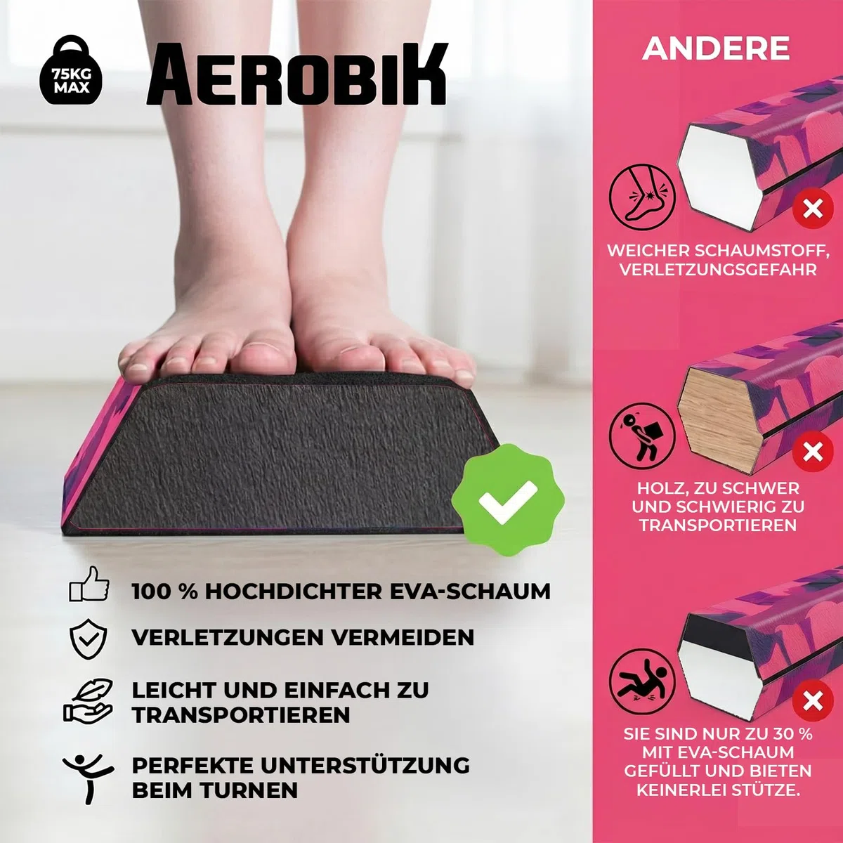 Aerobik | Klappbarer Schwebebalken 240 cm Violett | Stabil, rutschfest & Waschbar | Für Kinder & Erwachsene | Inklusive Gymnastikband | Original Corner