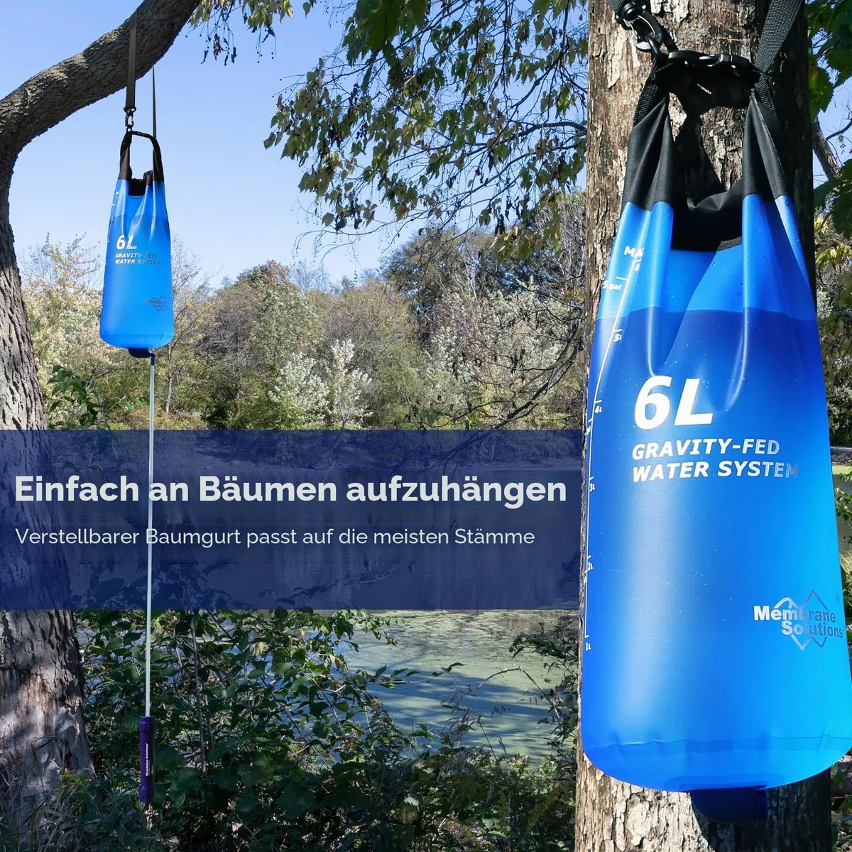 Membrane Solutions Gravity Wasserfilter Outdoor, 6 L Wasserbeutel Camping, Filtergenauigkeit bis zu 0,1 Mikron, Entfernt 99,9999% E.Coli, BPA-frei, für Notfälle, Wandern, Reisen