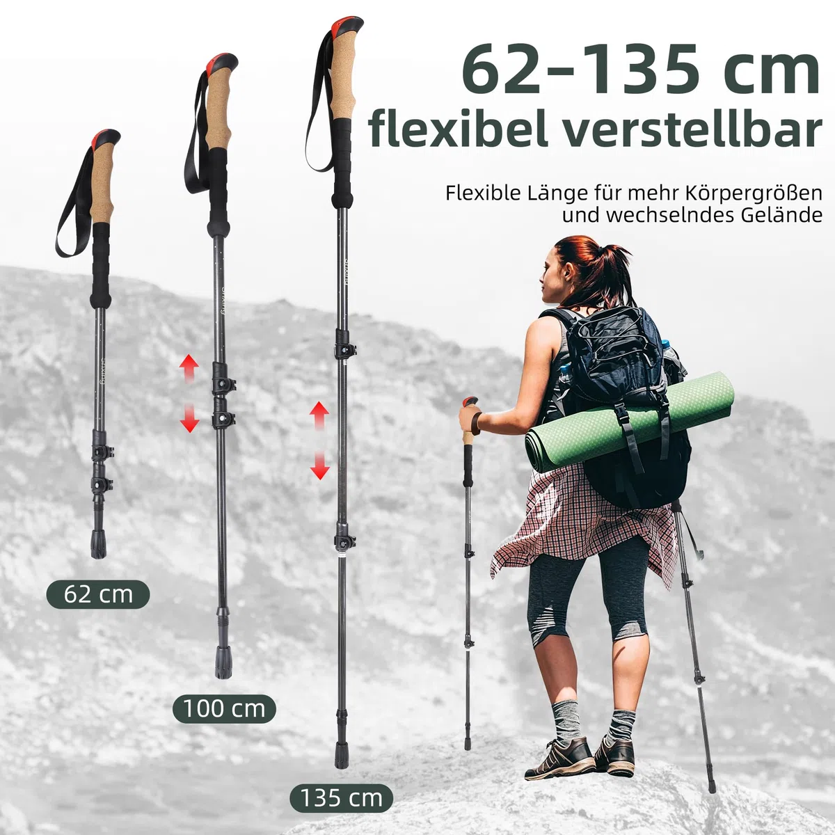 Teleskop-Wanderstöcke Carbon 2er Set, 200 g pro Stock, Schwarz | 62–135 cm verstellbar, Korkgriff mit EVA, Alu-Verschluss, Tasche & 10 Zubehörteile, für Wandern & Trekking